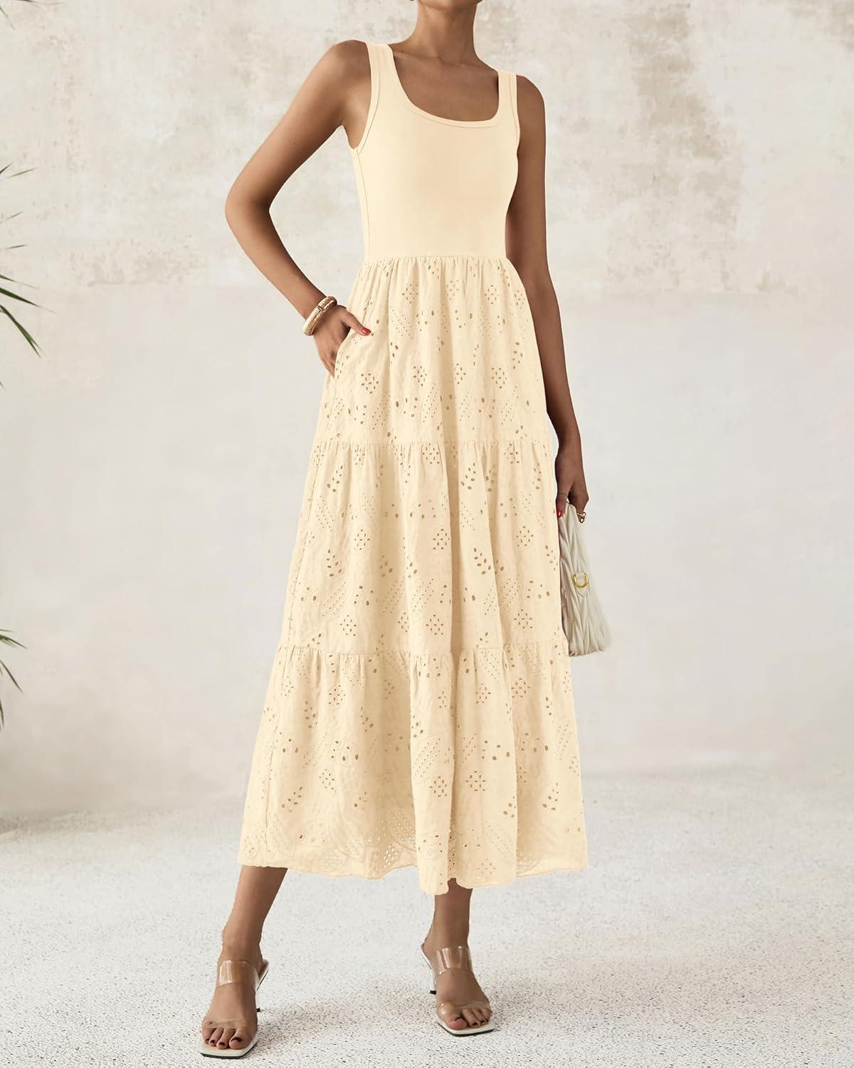 imageBTFBM Women Summer Eyelet Midi Dresses Casual Spring 2026 Sleeveless A Line Flowy Vacation Beach Wedding Guest Sun DressApricot