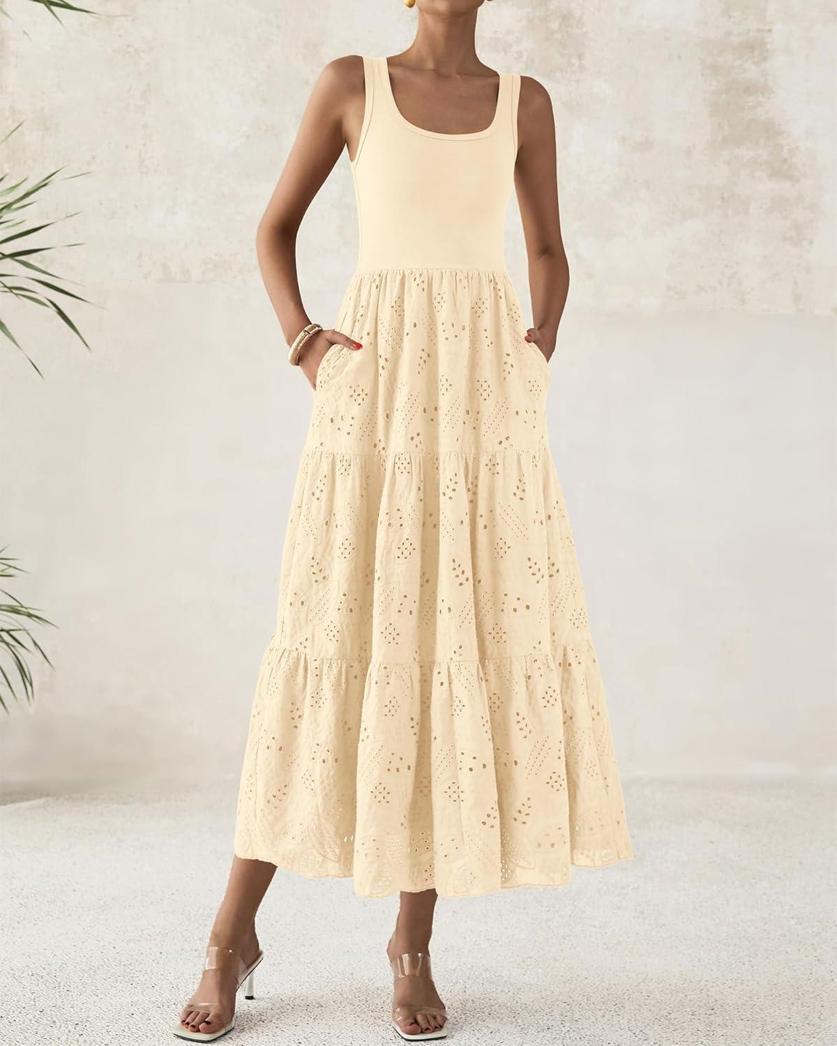 imageBTFBM Women Summer Eyelet Midi Dresses Casual Spring 2026 Sleeveless A Line Flowy Vacation Beach Wedding Guest Sun DressApricot