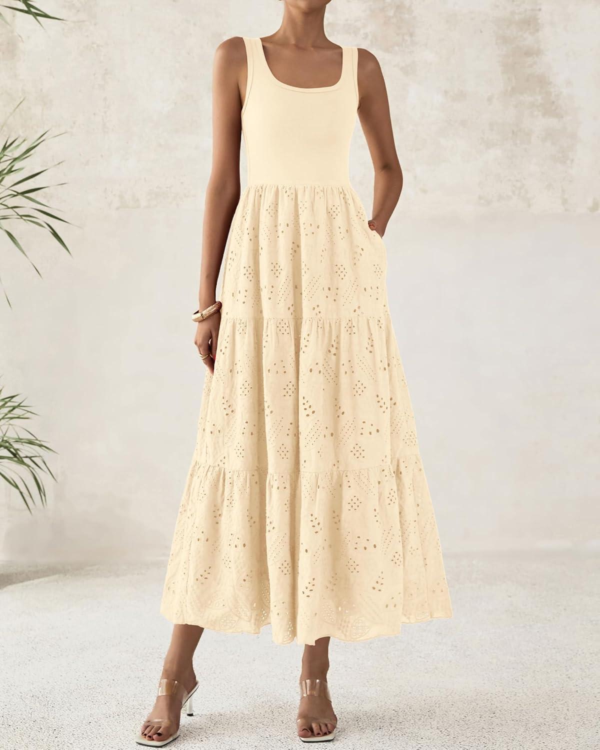 imageBTFBM Women Summer Eyelet Midi Dresses Casual Spring 2026 Sleeveless A Line Flowy Vacation Beach Wedding Guest Sun DressApricot