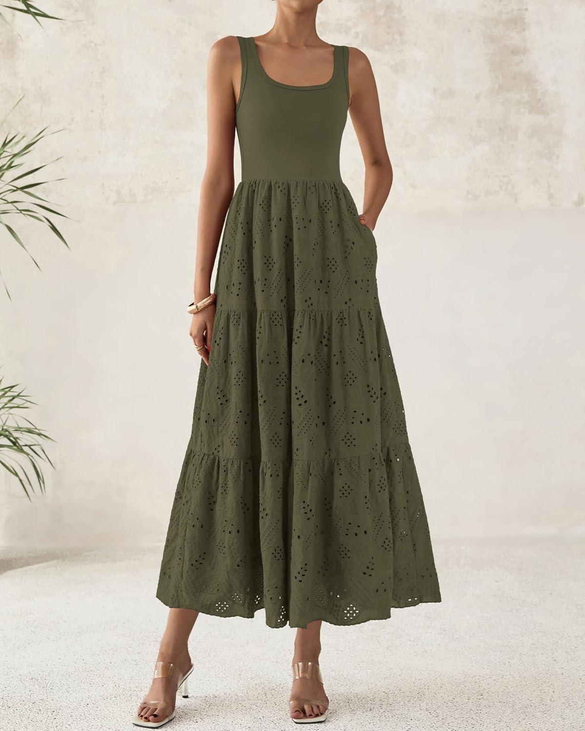 imageBTFBM Women Summer Eyelet Midi Dresses Casual Spring 2026 Sleeveless A Line Flowy Vacation Beach Wedding Guest Sun DressArmy Green