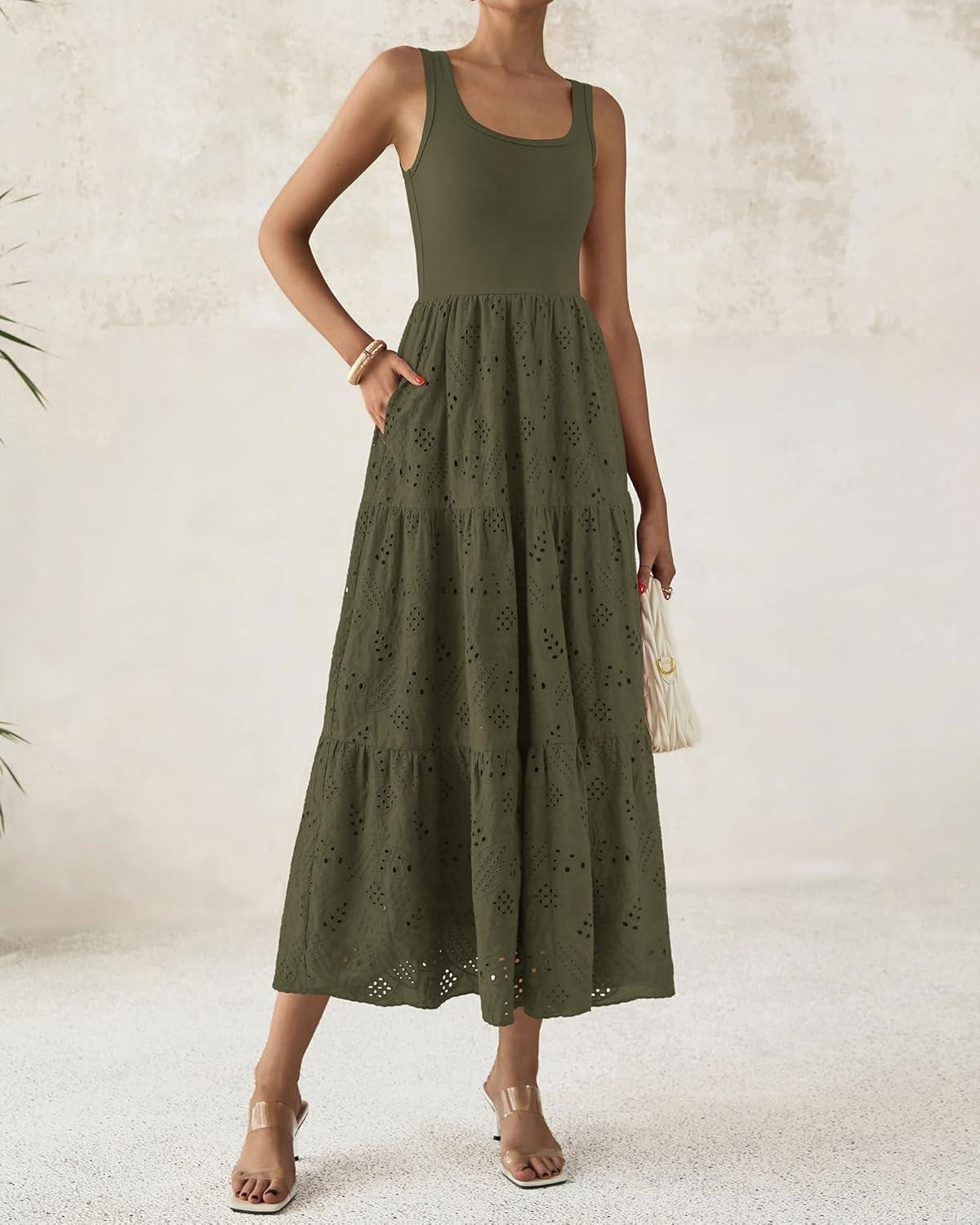 imageBTFBM Women Summer Eyelet Midi Dresses Casual Spring 2026 Sleeveless A Line Flowy Vacation Beach Wedding Guest Sun DressArmy Green