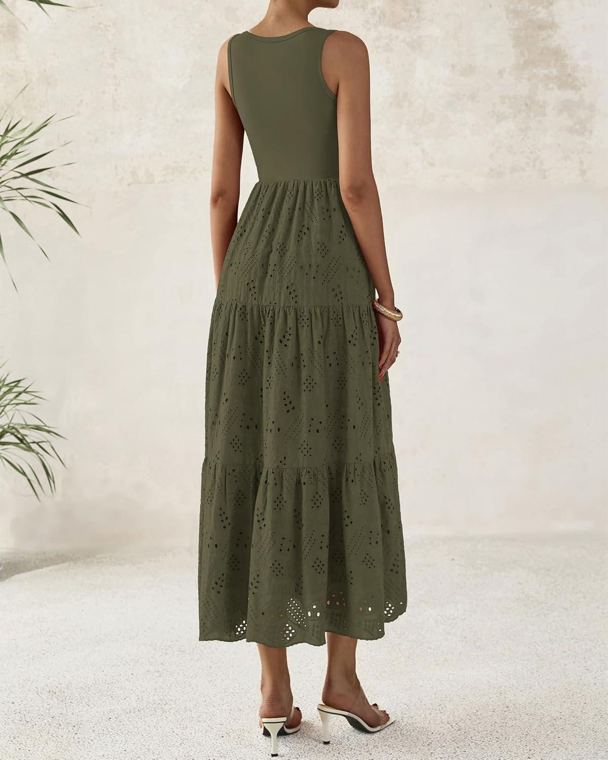 imageBTFBM Women Summer Eyelet Midi Dresses Casual Spring 2026 Sleeveless A Line Flowy Vacation Beach Wedding Guest Sun DressArmy Green