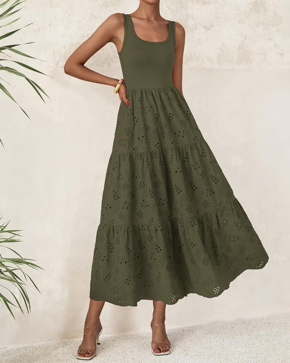 imageBTFBM Women Summer Eyelet Midi Dresses Casual Spring 2026 Sleeveless A Line Flowy Vacation Beach Wedding Guest Sun DressArmy Green