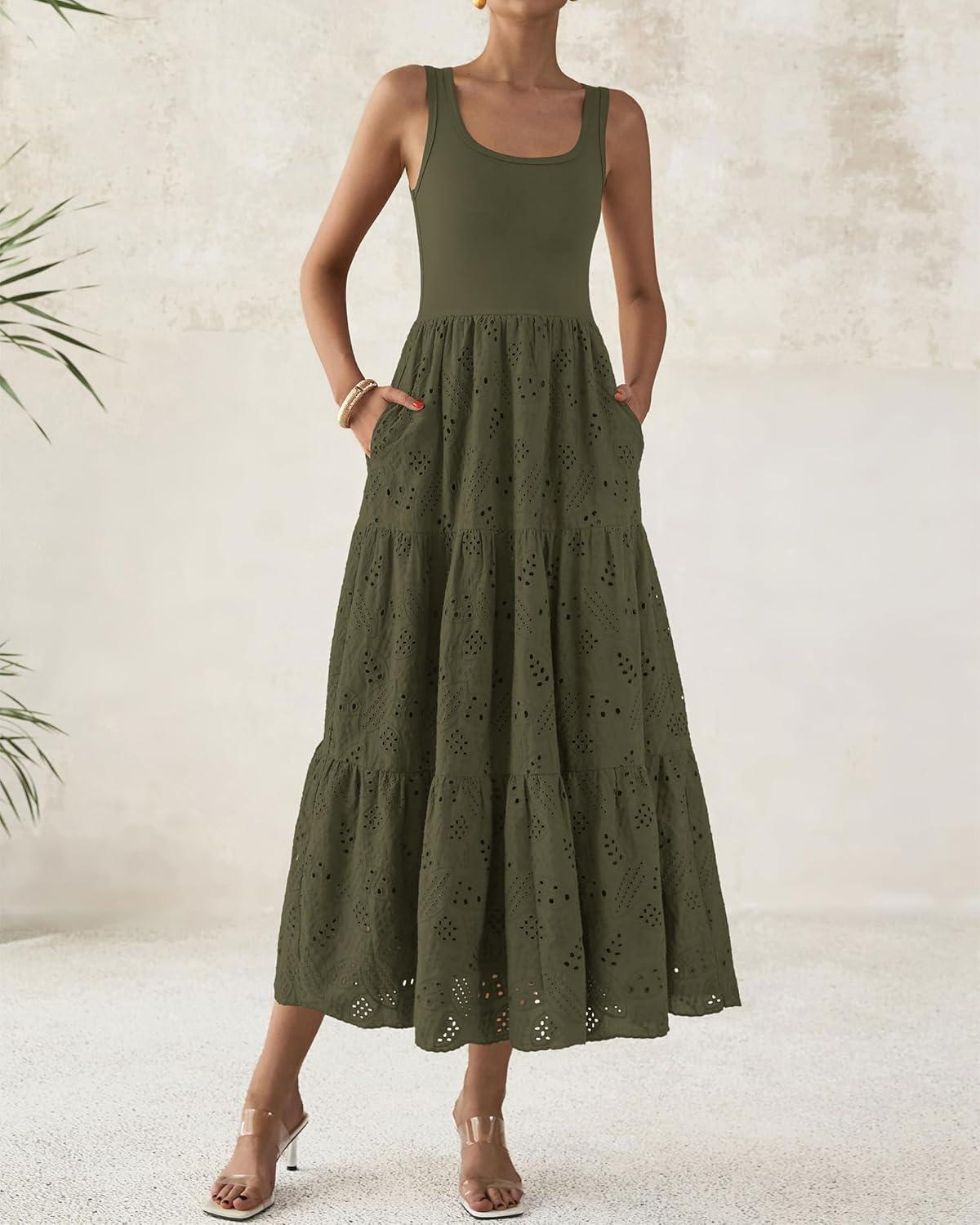 imageBTFBM Women Summer Eyelet Midi Dresses Casual Spring 2026 Sleeveless A Line Flowy Vacation Beach Wedding Guest Sun DressArmy Green