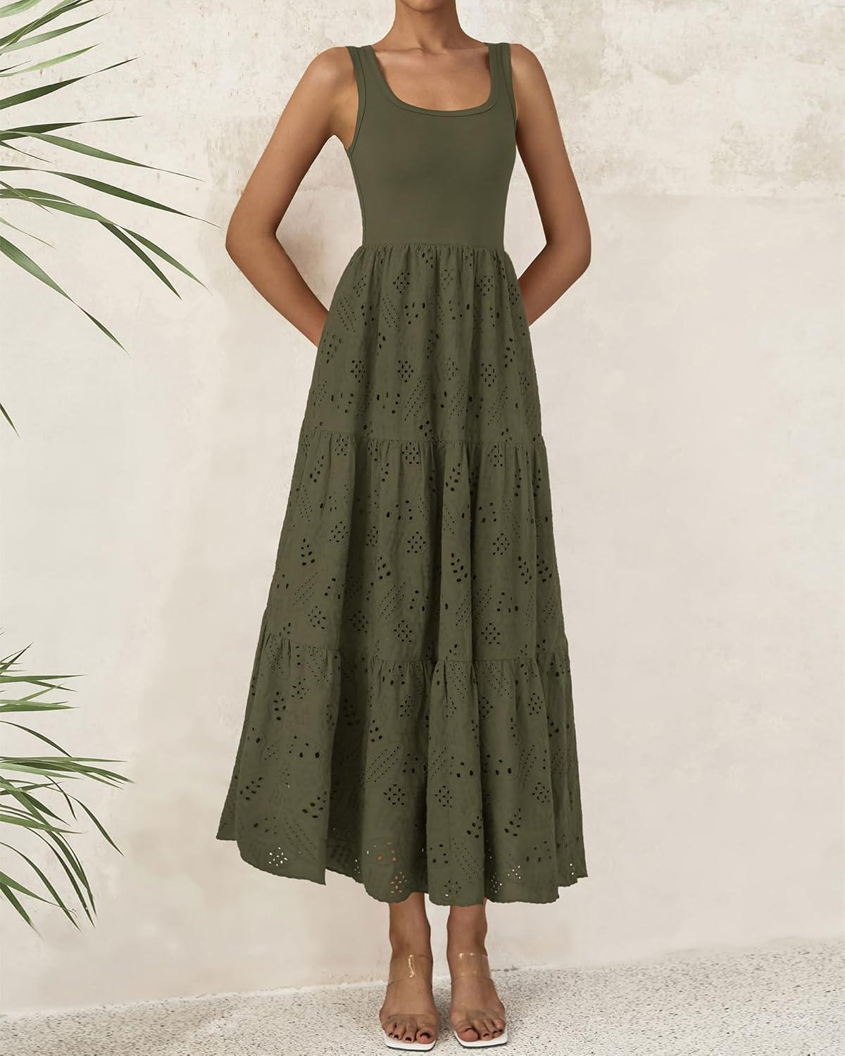 imageBTFBM Women Summer Eyelet Midi Dresses Casual Spring 2026 Sleeveless A Line Flowy Vacation Beach Wedding Guest Sun DressArmy Green