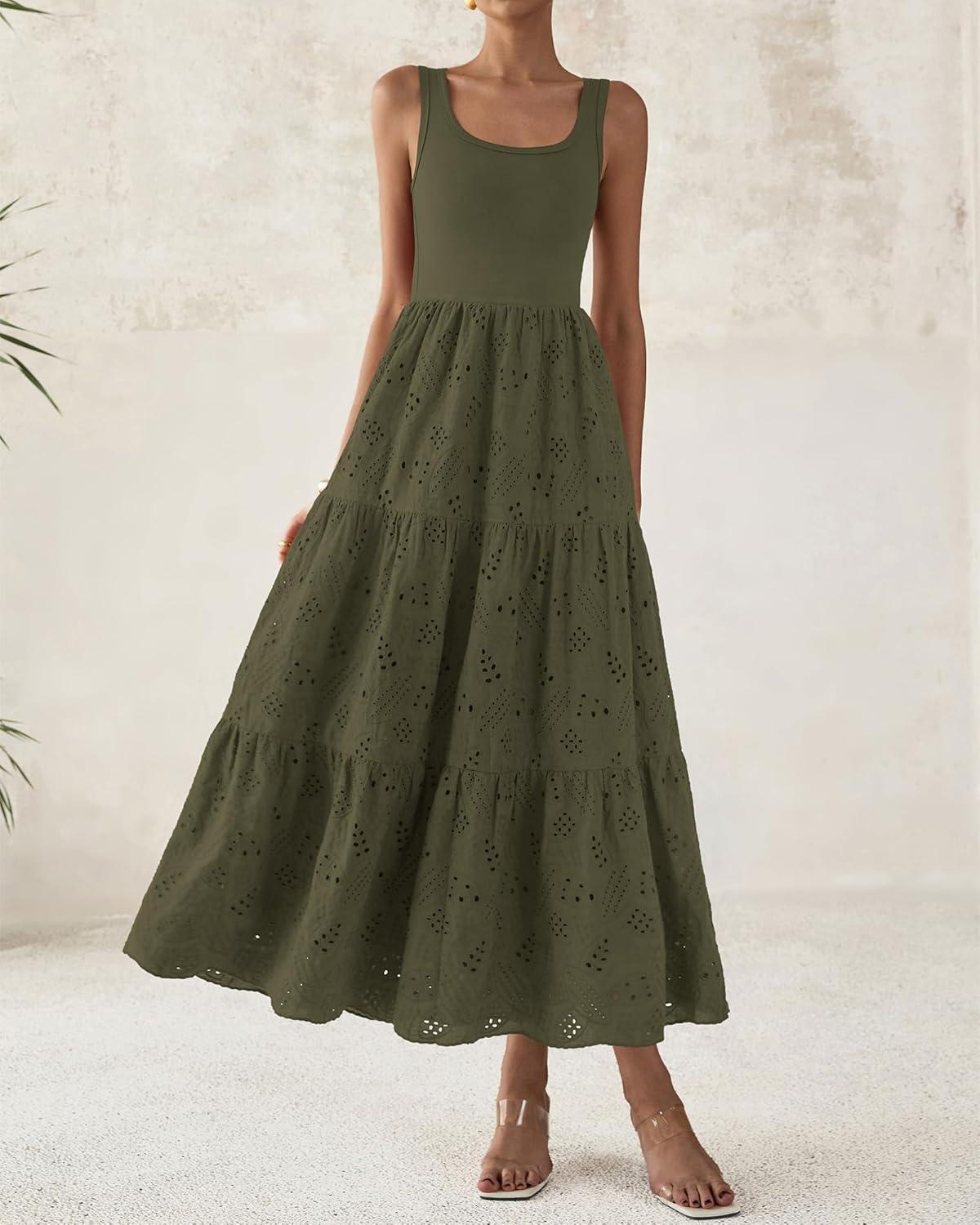 imageBTFBM Women Summer Eyelet Midi Dresses Casual Spring 2026 Sleeveless A Line Flowy Vacation Beach Wedding Guest Sun DressArmy Green