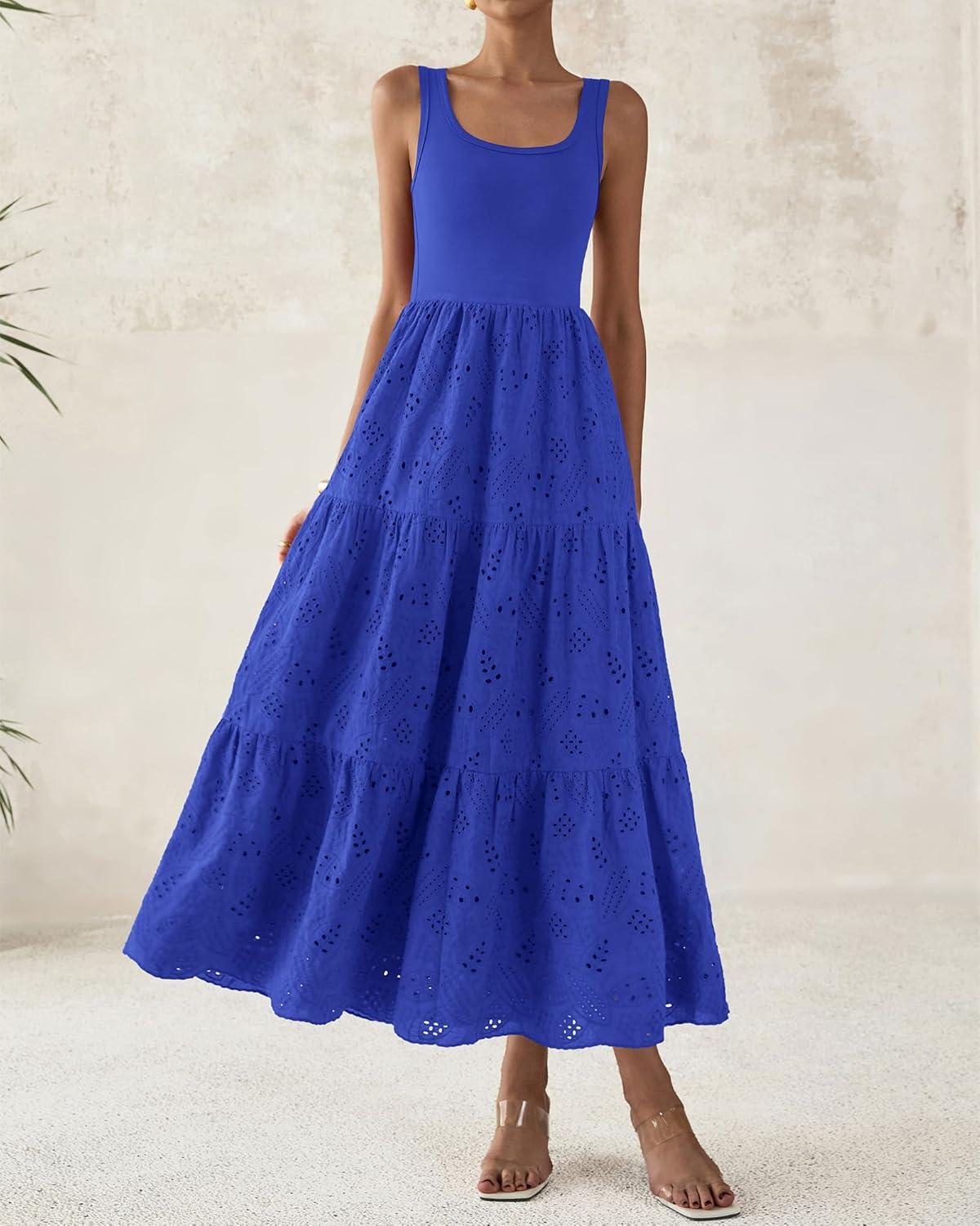 imageBTFBM Women Summer Eyelet Midi Dresses Casual Spring 2026 Sleeveless A Line Flowy Vacation Beach Wedding Guest Sun DressBrilliant Blue