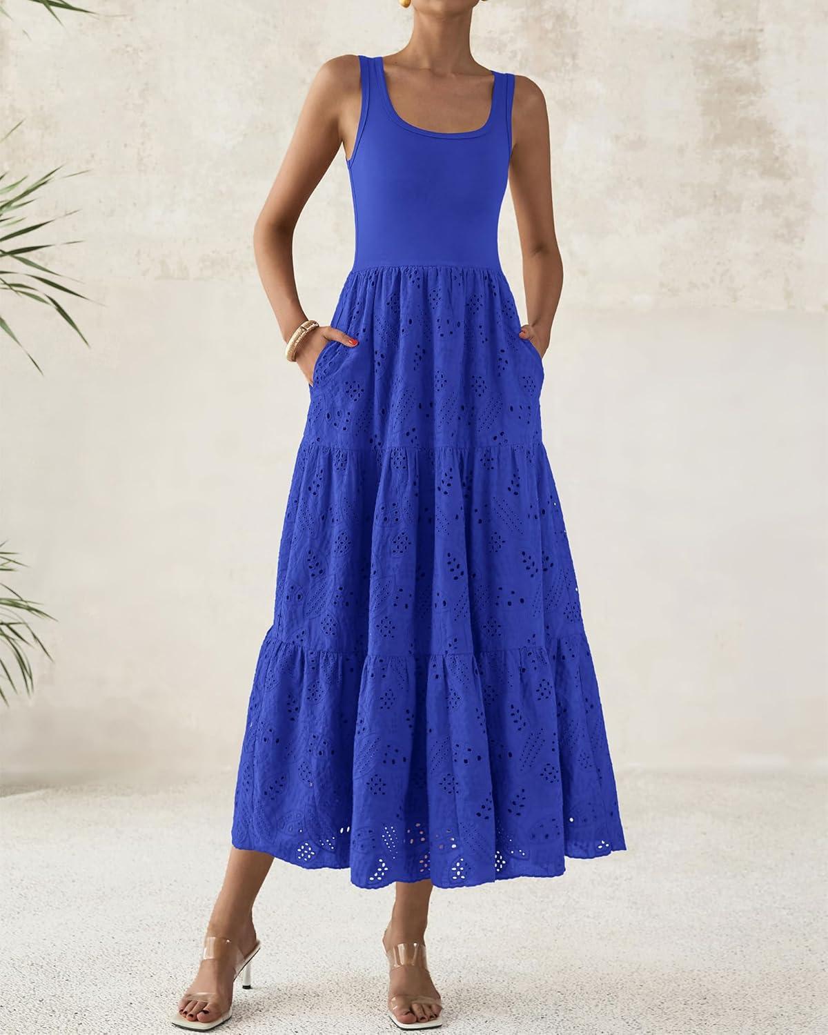 imageBTFBM Women Summer Eyelet Midi Dresses Casual Spring 2026 Sleeveless A Line Flowy Vacation Beach Wedding Guest Sun DressBrilliant Blue