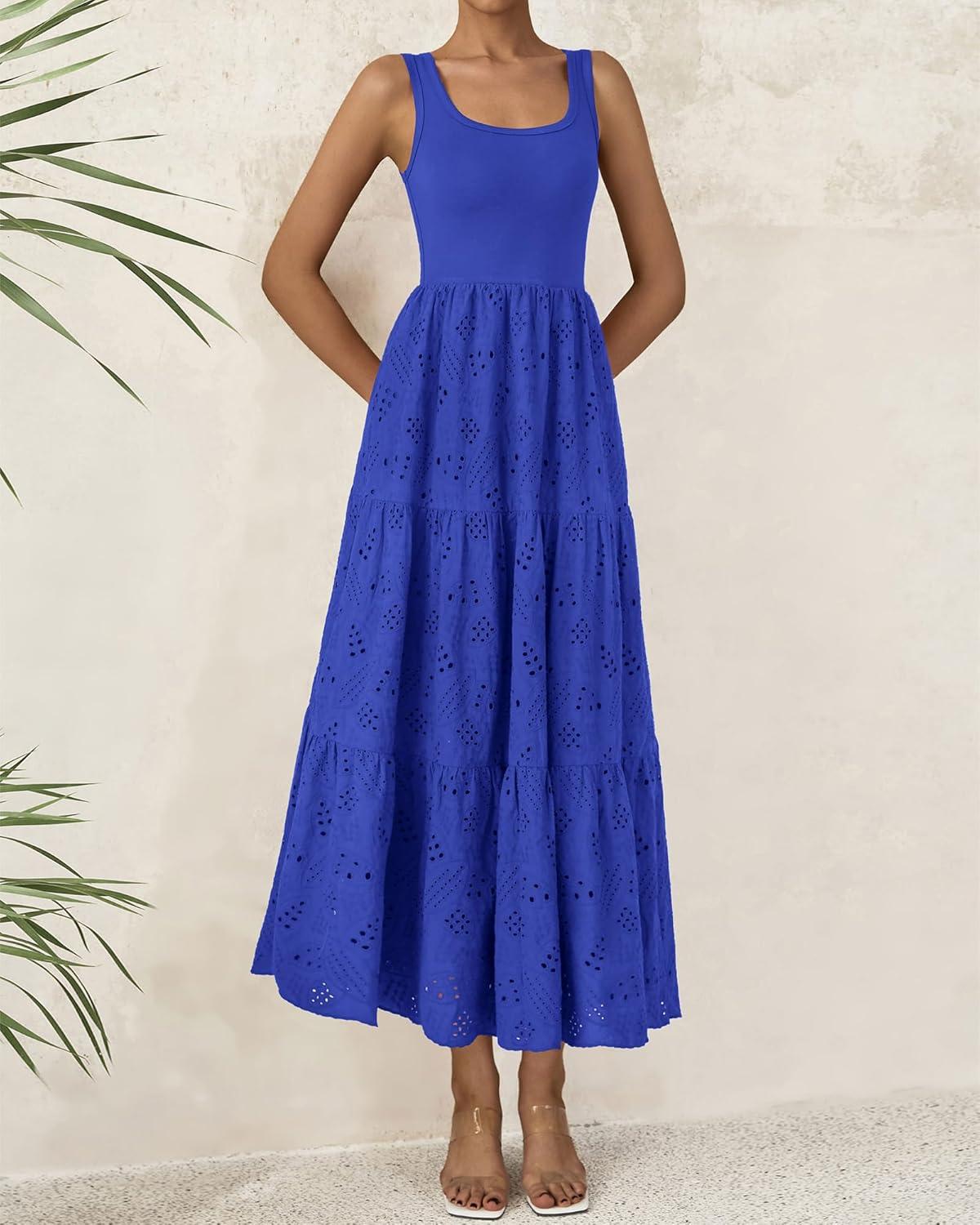 imageBTFBM Women Summer Eyelet Midi Dresses Casual Spring 2026 Sleeveless A Line Flowy Vacation Beach Wedding Guest Sun DressBrilliant Blue