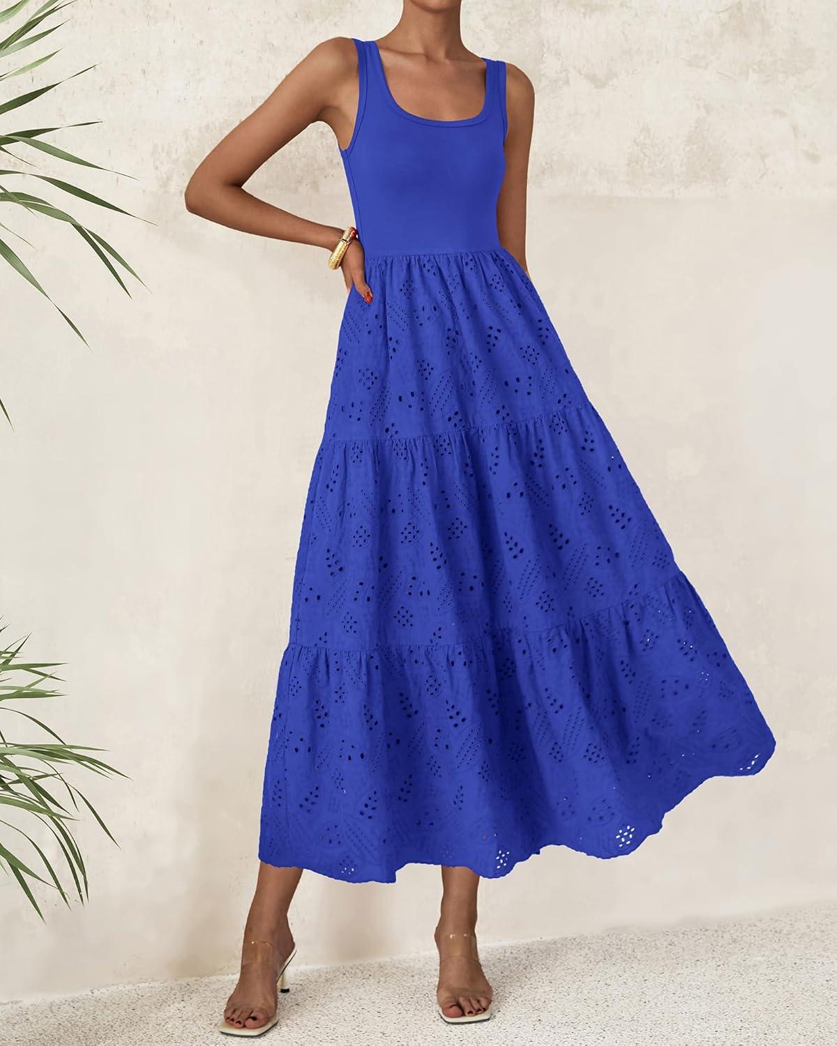 imageBTFBM Women Summer Eyelet Midi Dresses Casual Spring 2026 Sleeveless A Line Flowy Vacation Beach Wedding Guest Sun DressBrilliant Blue
