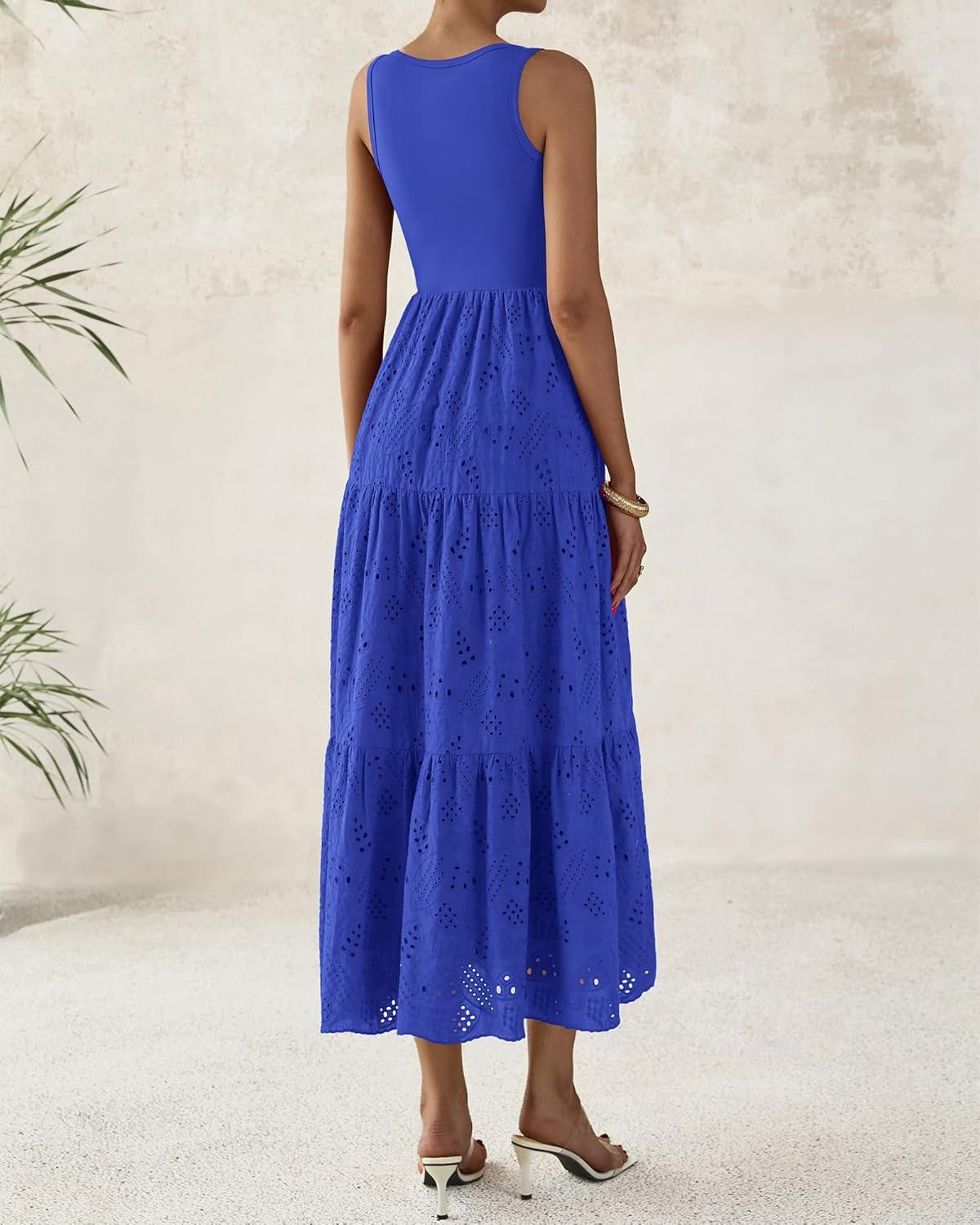 imageBTFBM Women Summer Eyelet Midi Dresses Casual Spring 2026 Sleeveless A Line Flowy Vacation Beach Wedding Guest Sun DressBrilliant Blue