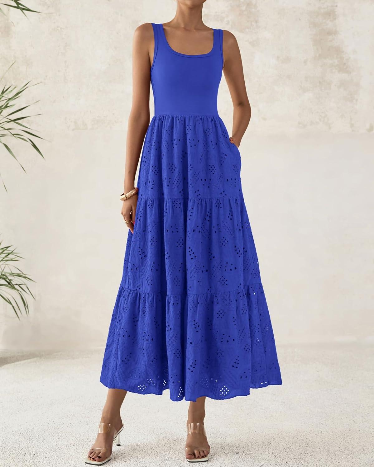 imageBTFBM Women Summer Eyelet Midi Dresses Casual Spring 2026 Sleeveless A Line Flowy Vacation Beach Wedding Guest Sun DressBrilliant Blue
