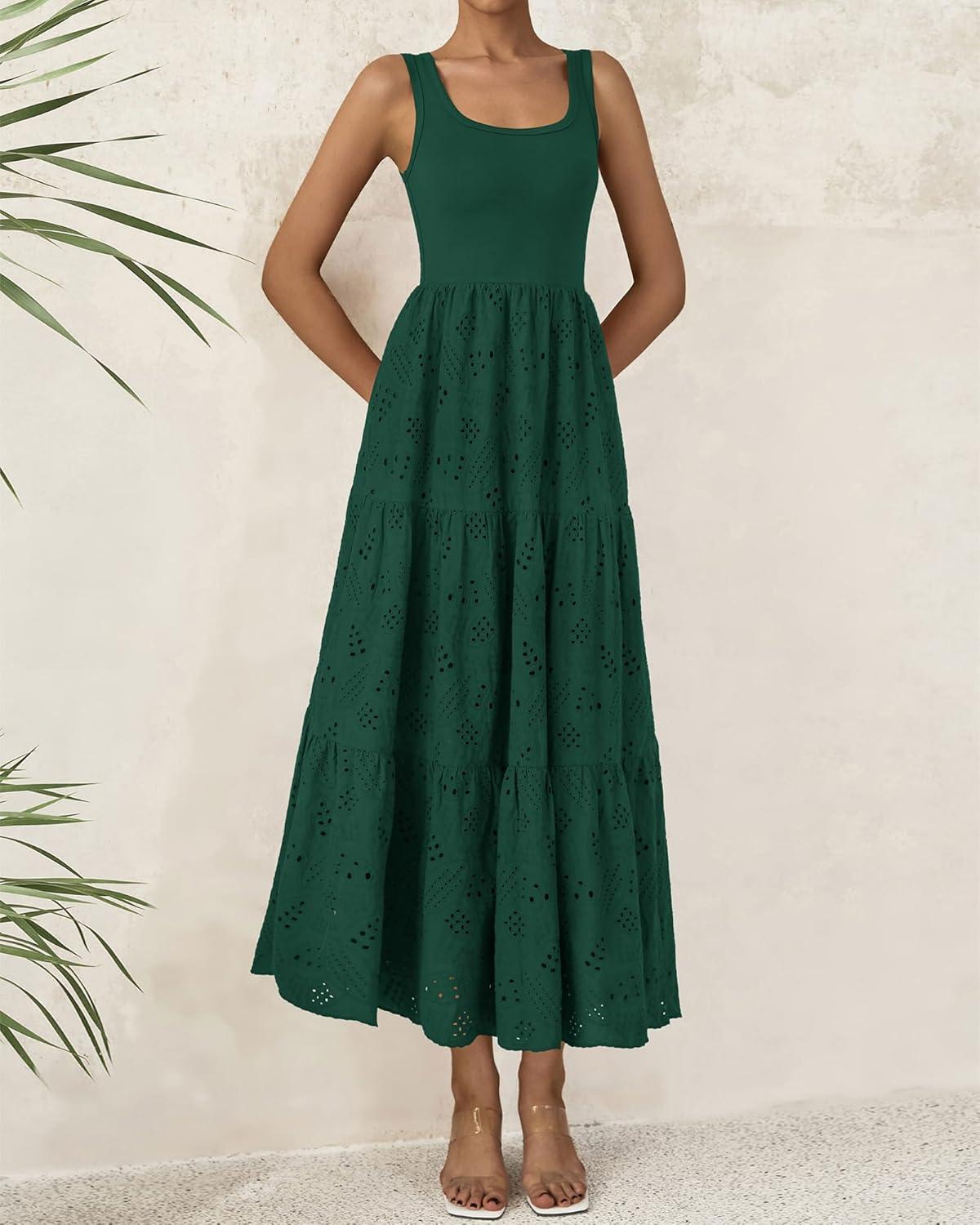 imageBTFBM Women Summer Eyelet Midi Dresses Casual Spring 2026 Sleeveless A Line Flowy Vacation Beach Wedding Guest Sun DressDark Green