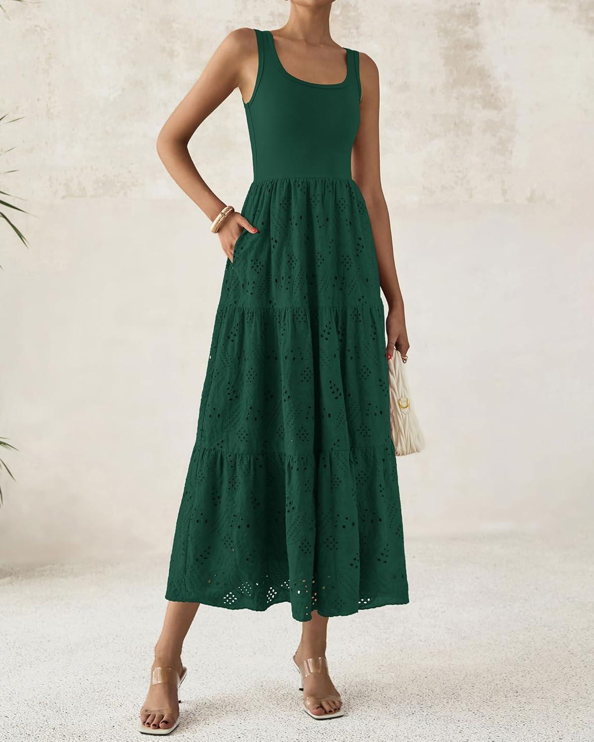 imageBTFBM Women Summer Eyelet Midi Dresses Casual Spring 2026 Sleeveless A Line Flowy Vacation Beach Wedding Guest Sun DressDark Green