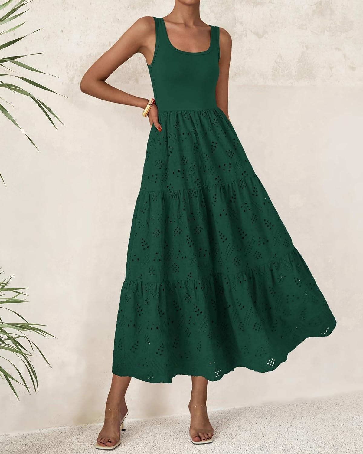 imageBTFBM Women Summer Eyelet Midi Dresses Casual Spring 2026 Sleeveless A Line Flowy Vacation Beach Wedding Guest Sun DressDark Green