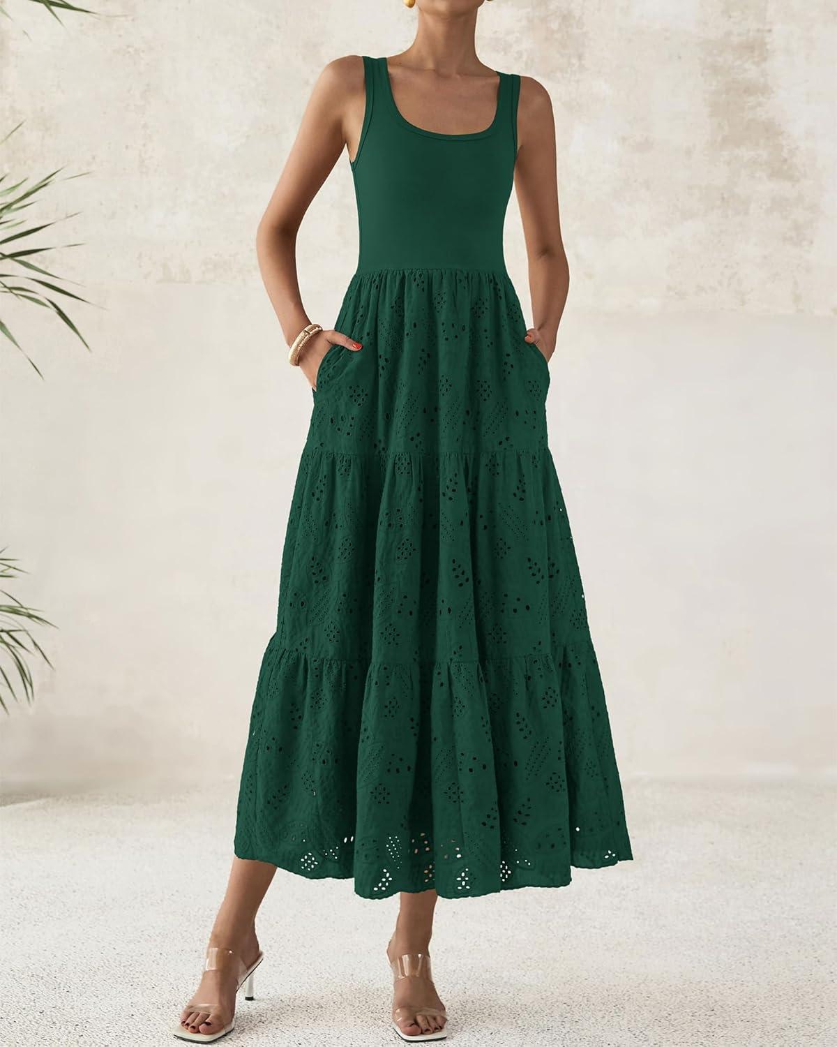 imageBTFBM Women Summer Eyelet Midi Dresses Casual Spring 2026 Sleeveless A Line Flowy Vacation Beach Wedding Guest Sun DressDark Green