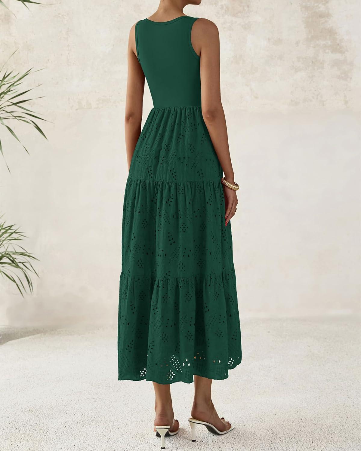 imageBTFBM Women Summer Eyelet Midi Dresses Casual Spring 2026 Sleeveless A Line Flowy Vacation Beach Wedding Guest Sun DressDark Green