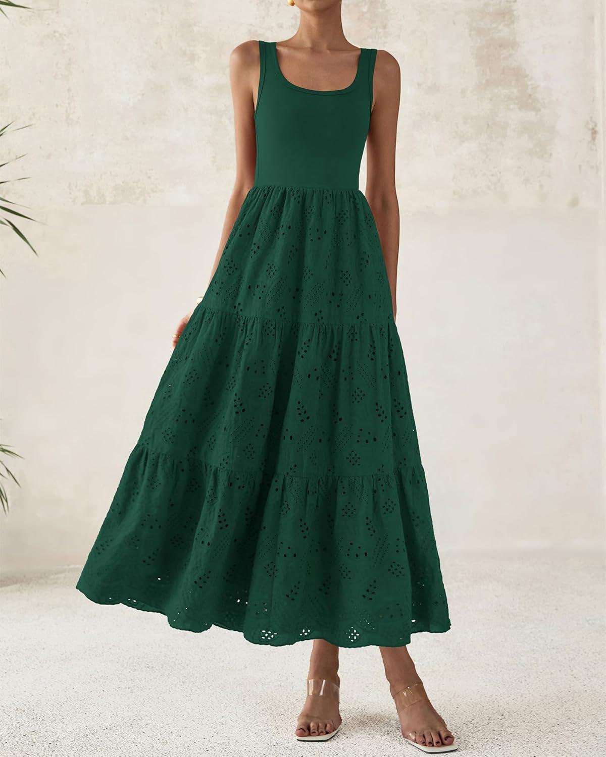imageBTFBM Women Summer Eyelet Midi Dresses Casual Spring 2026 Sleeveless A Line Flowy Vacation Beach Wedding Guest Sun DressDark Green