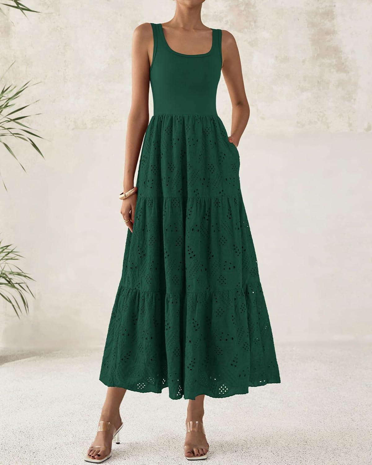 imageBTFBM Women Summer Eyelet Midi Dresses Casual Spring 2026 Sleeveless A Line Flowy Vacation Beach Wedding Guest Sun DressDark Green