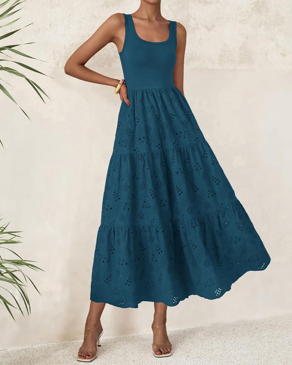imageBTFBM Women Summer Eyelet Midi Dresses Casual Spring 2026 Sleeveless A Line Flowy Vacation Beach Wedding Guest Sun DressDark Lake Blue