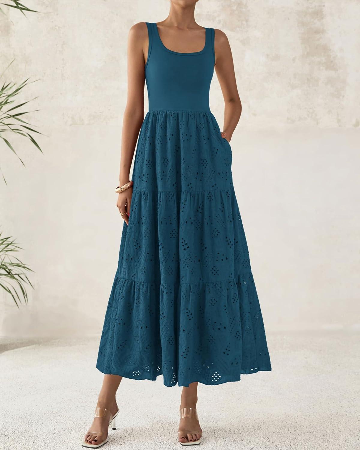 imageBTFBM Women Summer Eyelet Midi Dresses Casual Spring 2026 Sleeveless A Line Flowy Vacation Beach Wedding Guest Sun DressDark Lake Blue