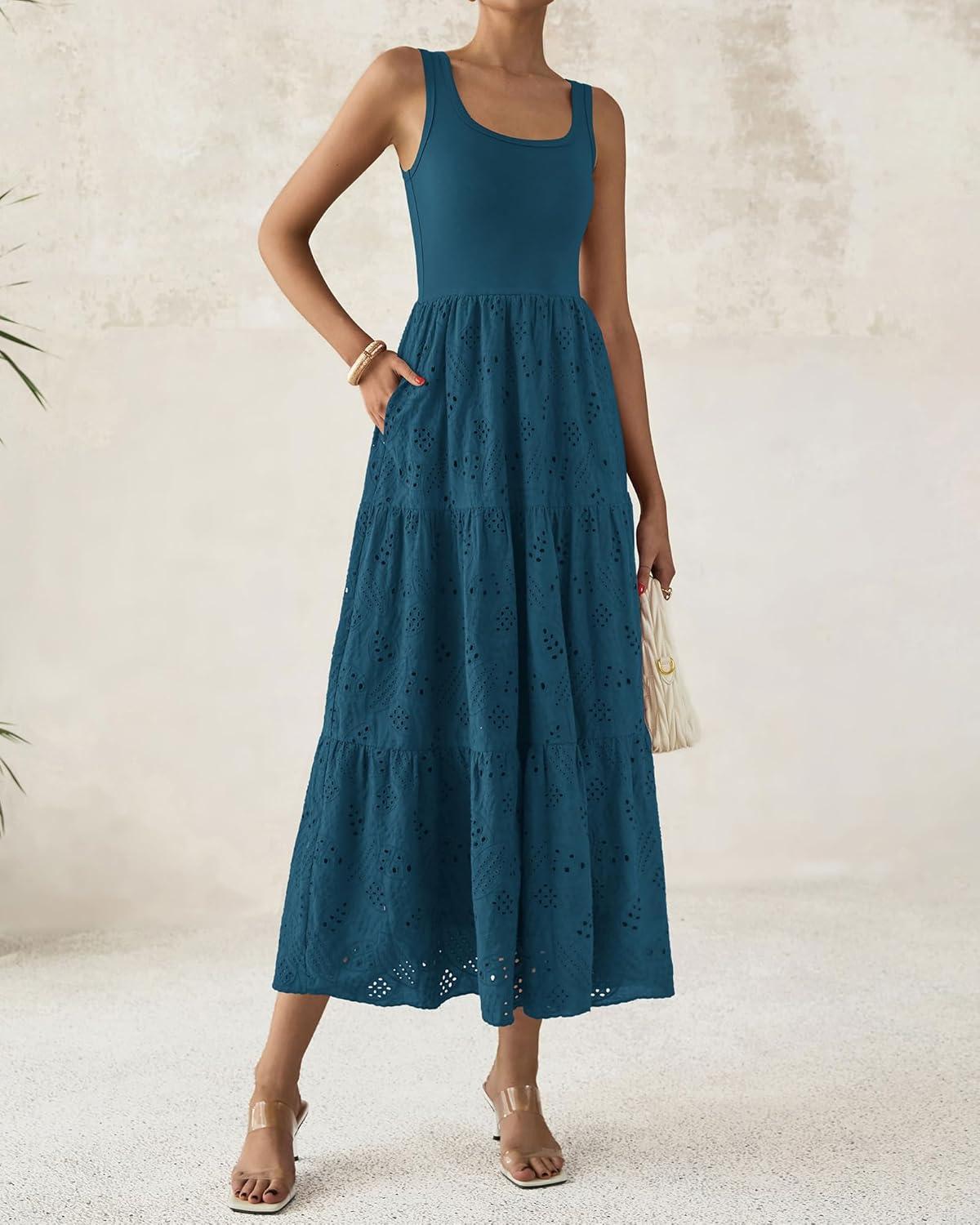 imageBTFBM Women Summer Eyelet Midi Dresses Casual Spring 2026 Sleeveless A Line Flowy Vacation Beach Wedding Guest Sun DressDark Lake Blue