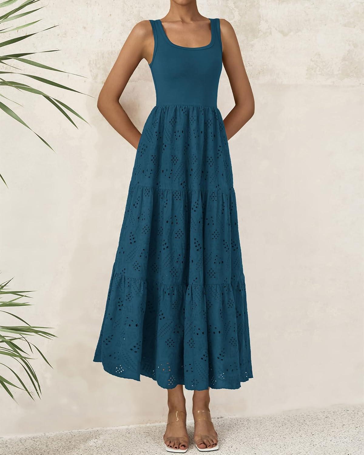 imageBTFBM Women Summer Eyelet Midi Dresses Casual Spring 2026 Sleeveless A Line Flowy Vacation Beach Wedding Guest Sun DressDark Lake Blue