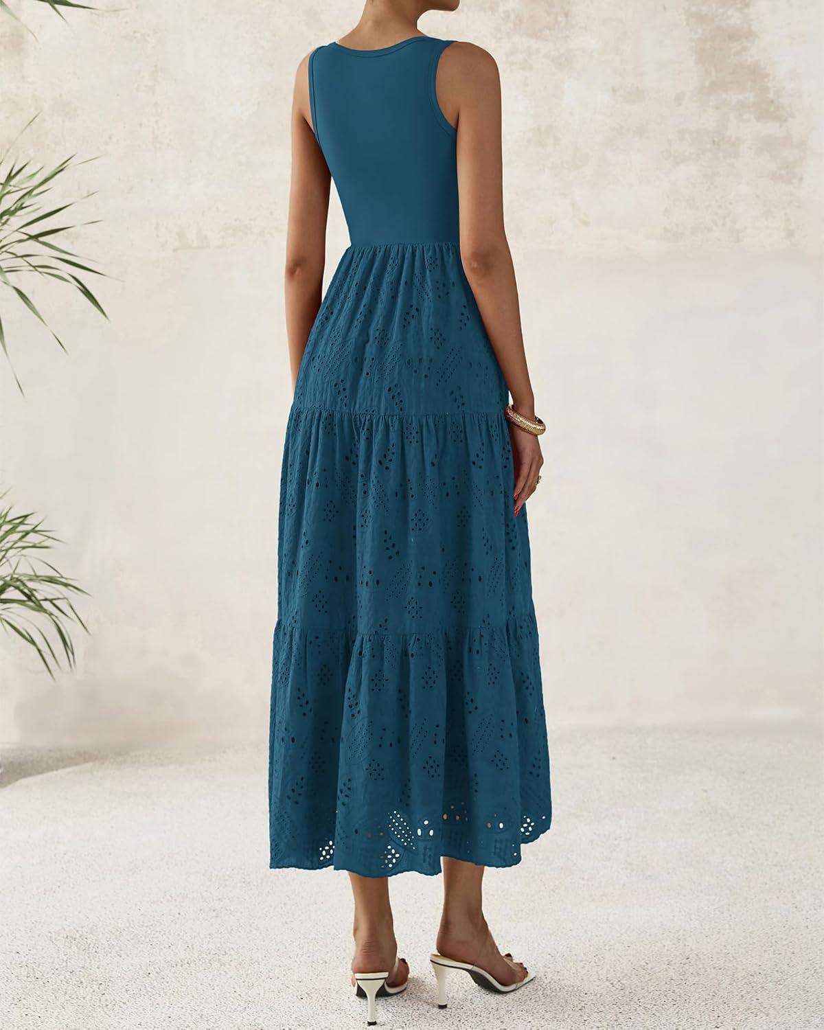 imageBTFBM Women Summer Eyelet Midi Dresses Casual Spring 2026 Sleeveless A Line Flowy Vacation Beach Wedding Guest Sun DressDark Lake Blue