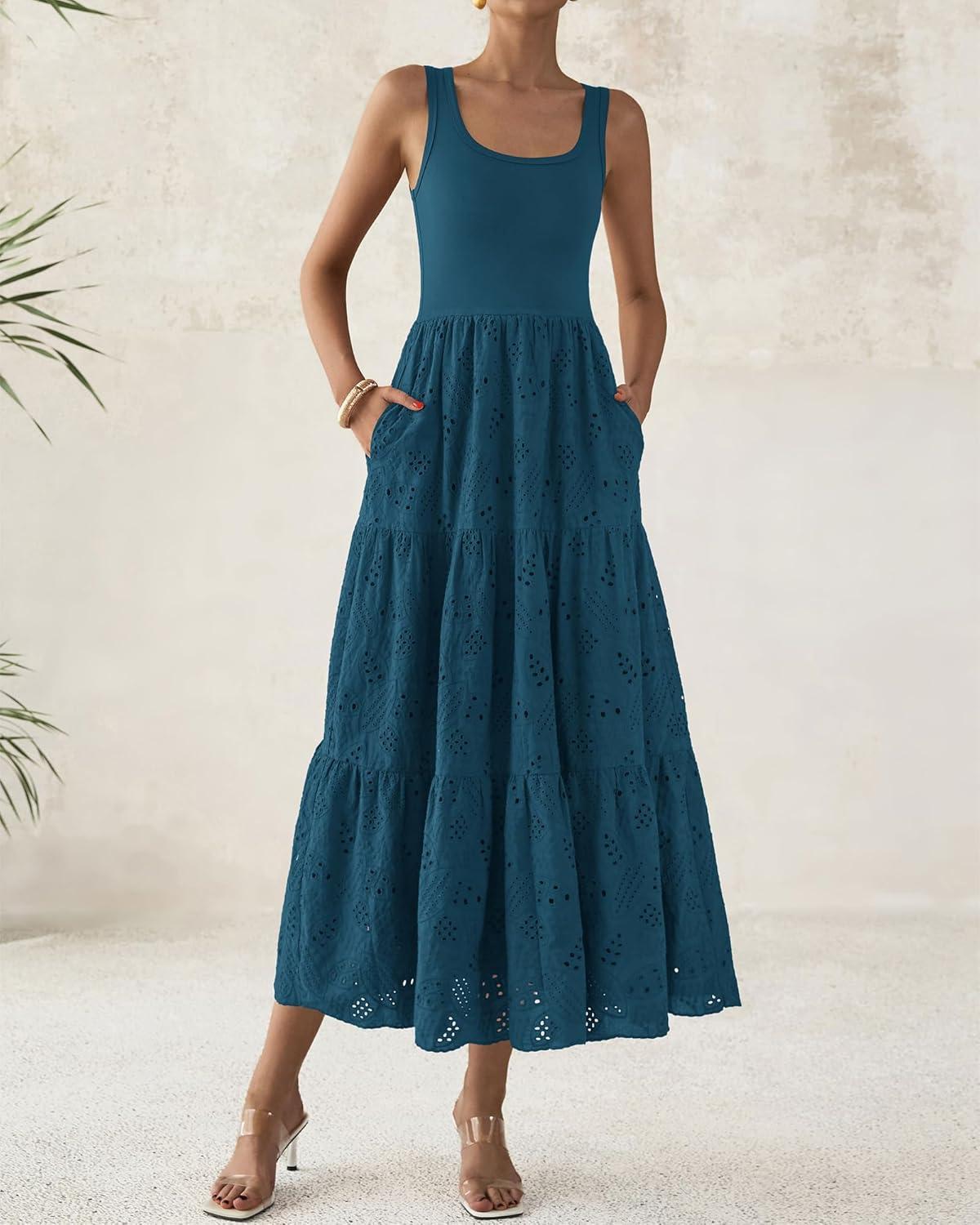 imageBTFBM Women Summer Eyelet Midi Dresses Casual Spring 2026 Sleeveless A Line Flowy Vacation Beach Wedding Guest Sun DressDark Lake Blue