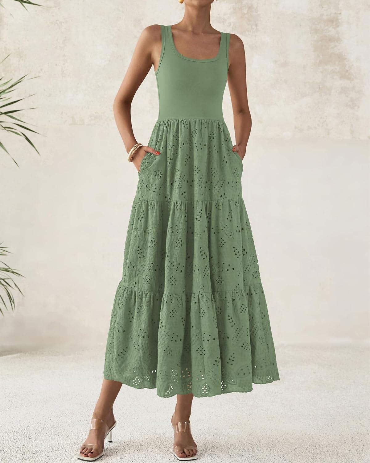 imageBTFBM Women Summer Eyelet Midi Dresses Casual Spring 2026 Sleeveless A Line Flowy Vacation Beach Wedding Guest Sun DressGreen