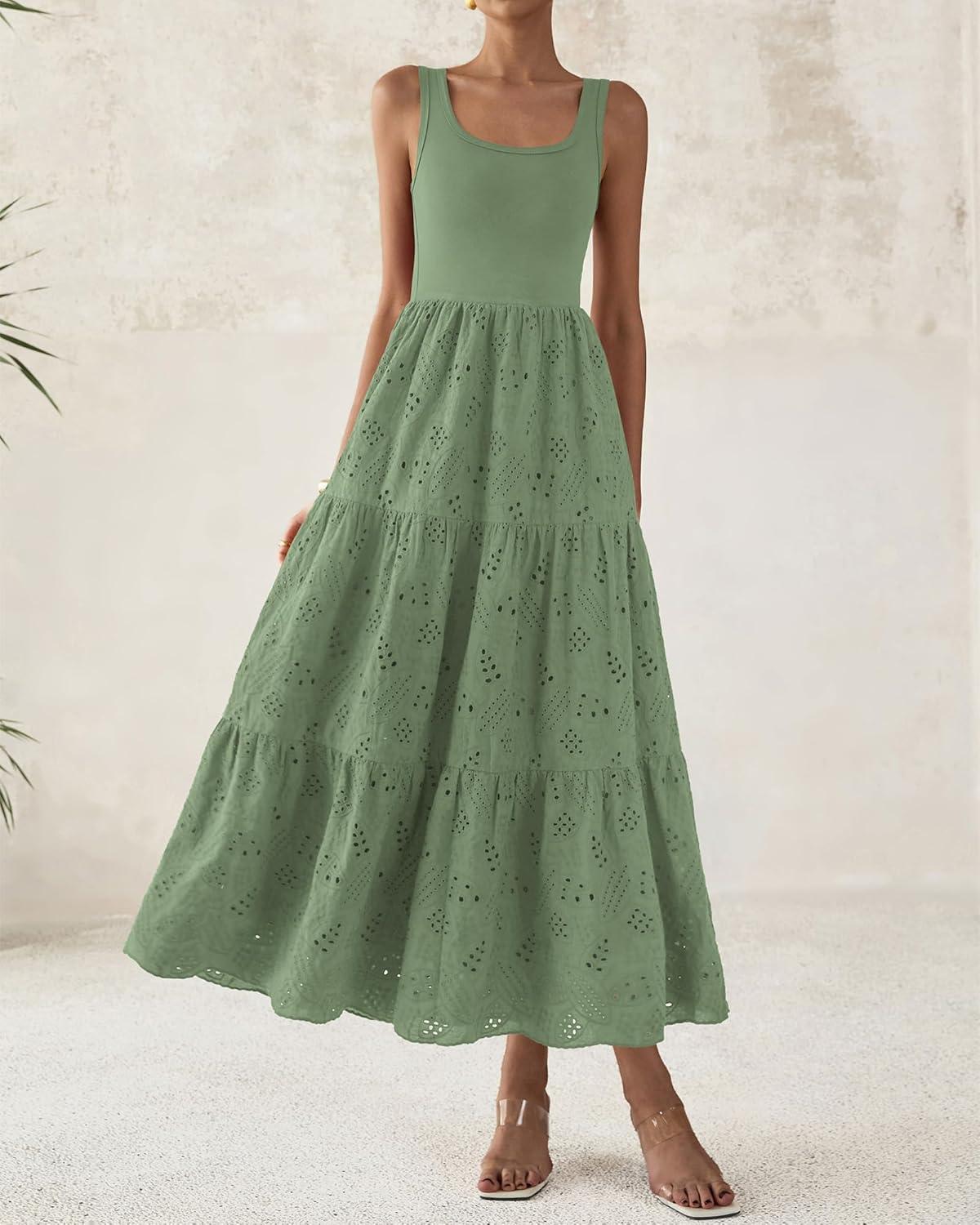 imageBTFBM Women Summer Eyelet Midi Dresses Casual Spring 2026 Sleeveless A Line Flowy Vacation Beach Wedding Guest Sun DressGreen