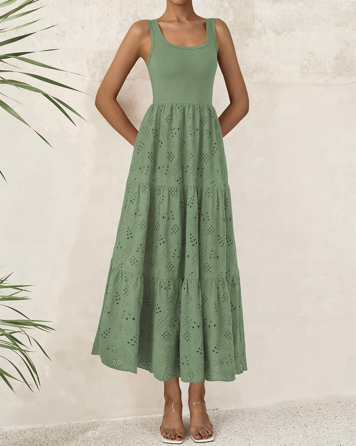 imageBTFBM Women Summer Eyelet Midi Dresses Casual Spring 2026 Sleeveless A Line Flowy Vacation Beach Wedding Guest Sun DressGreen