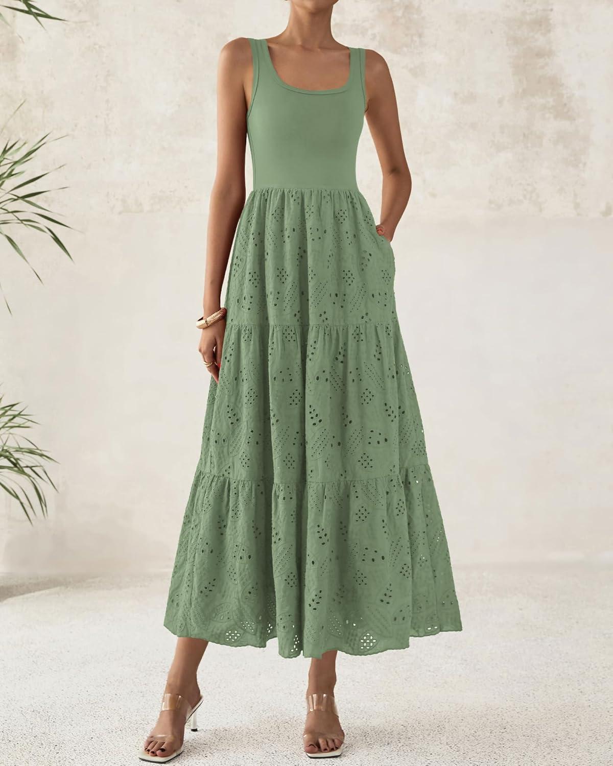 imageBTFBM Women Summer Eyelet Midi Dresses Casual Spring 2026 Sleeveless A Line Flowy Vacation Beach Wedding Guest Sun DressGreen