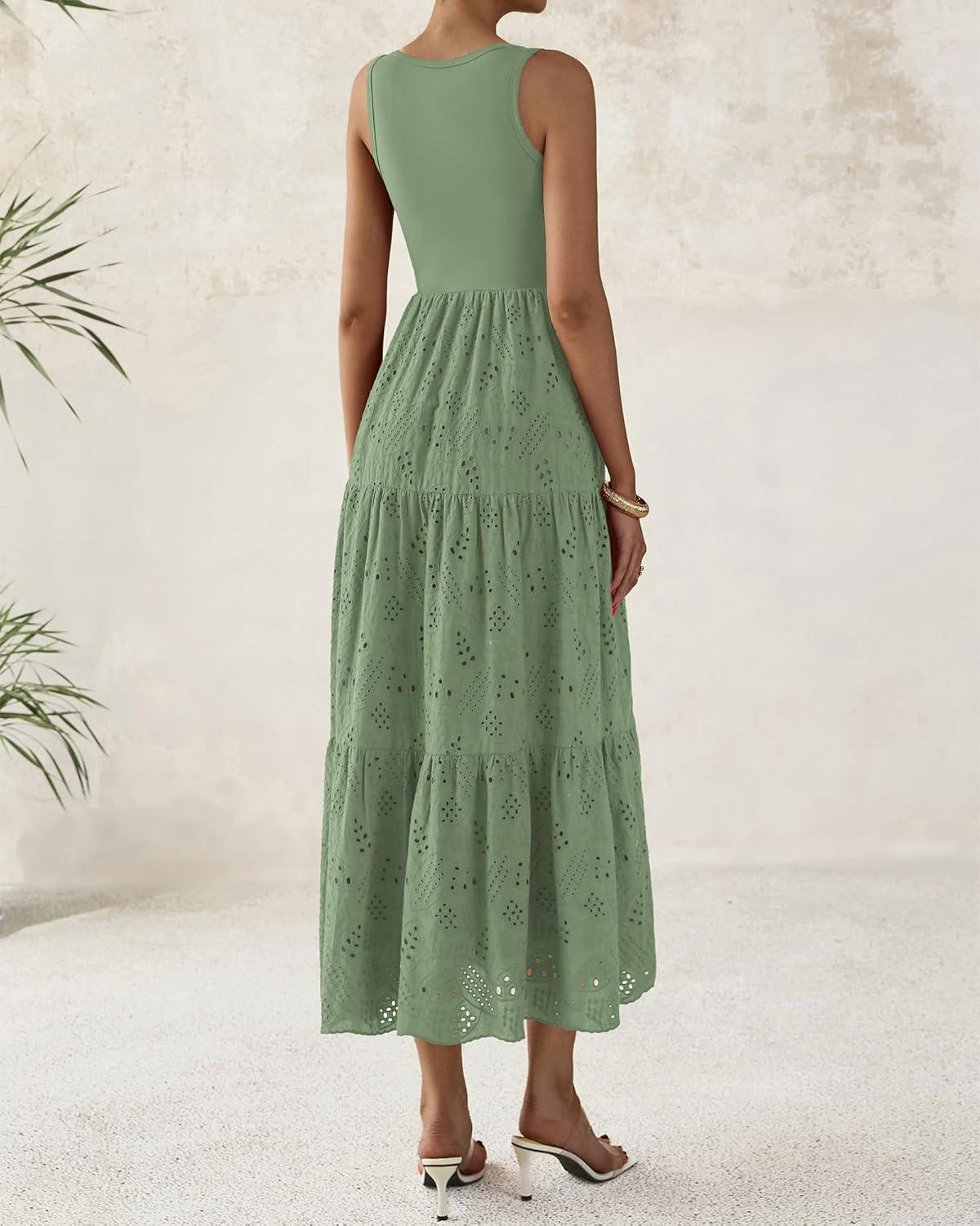 imageBTFBM Women Summer Eyelet Midi Dresses Casual Spring 2026 Sleeveless A Line Flowy Vacation Beach Wedding Guest Sun DressGreen