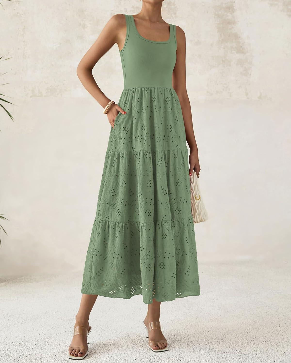 imageBTFBM Women Summer Eyelet Midi Dresses Casual Spring 2026 Sleeveless A Line Flowy Vacation Beach Wedding Guest Sun DressGreen