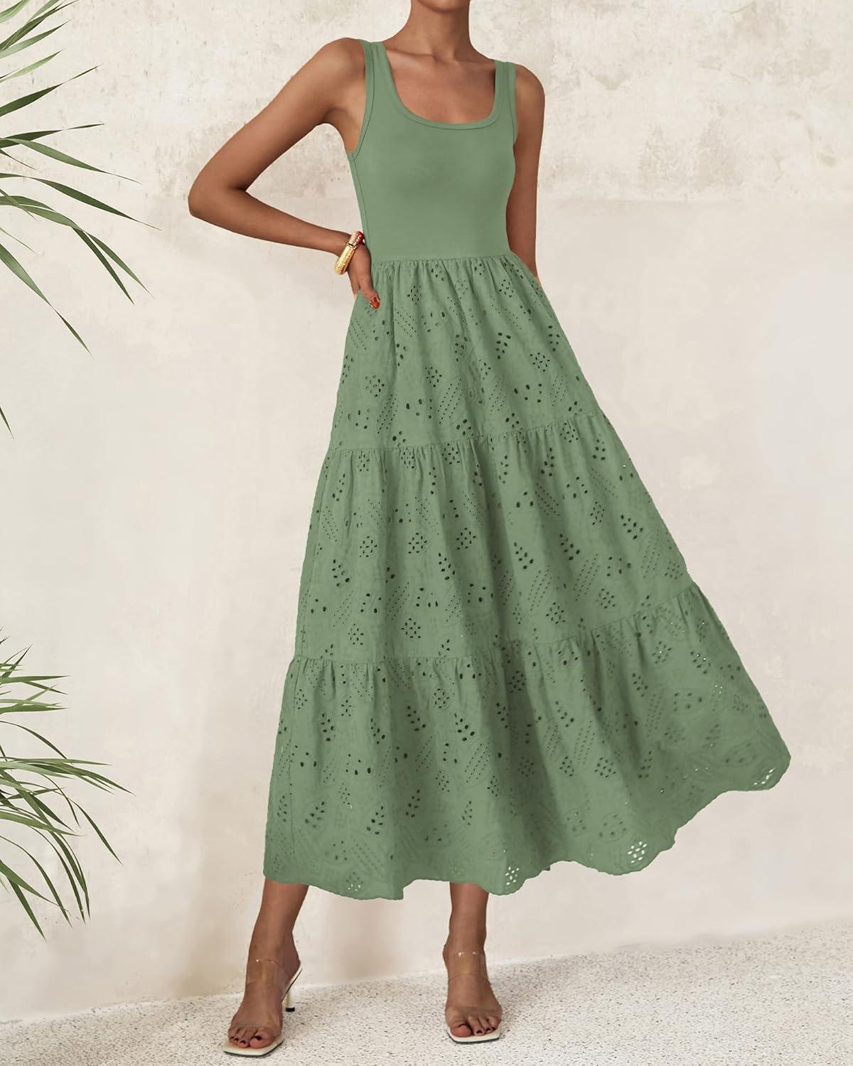 imageBTFBM Women Summer Eyelet Midi Dresses Casual Spring 2026 Sleeveless A Line Flowy Vacation Beach Wedding Guest Sun DressGreen