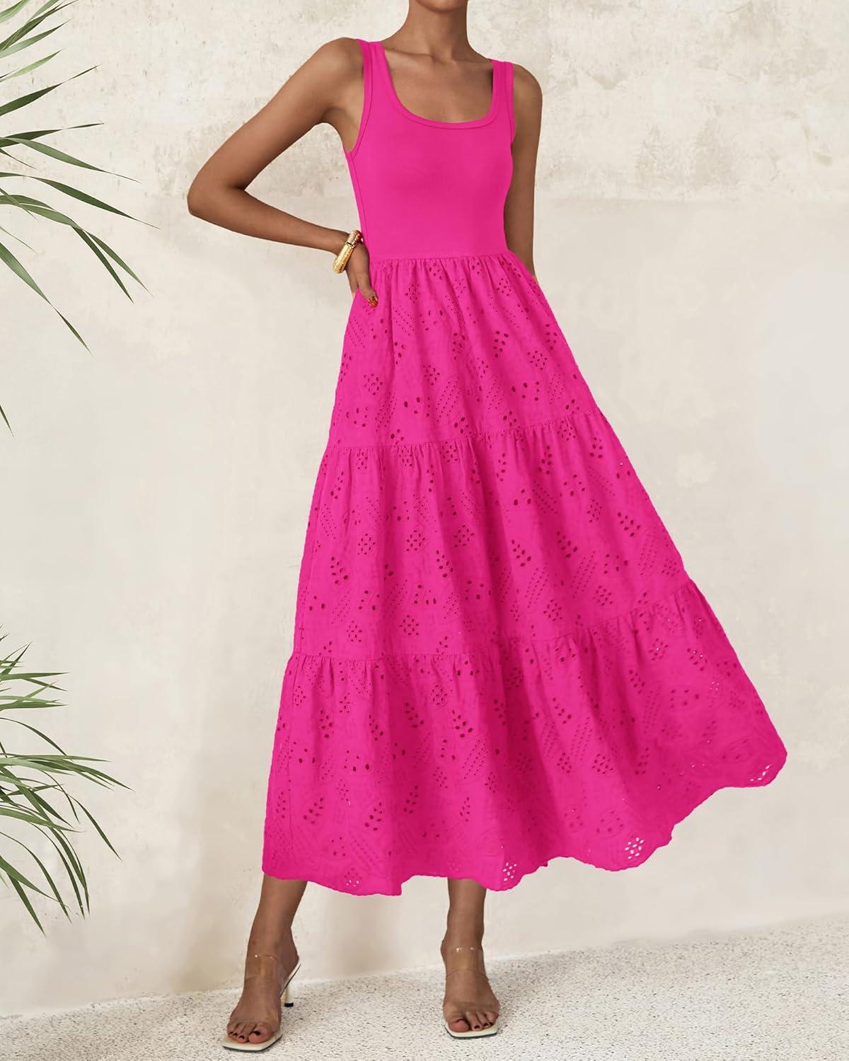 imageBTFBM Women Summer Eyelet Midi Dresses Casual Spring 2026 Sleeveless A Line Flowy Vacation Beach Wedding Guest Sun DressHot Pink