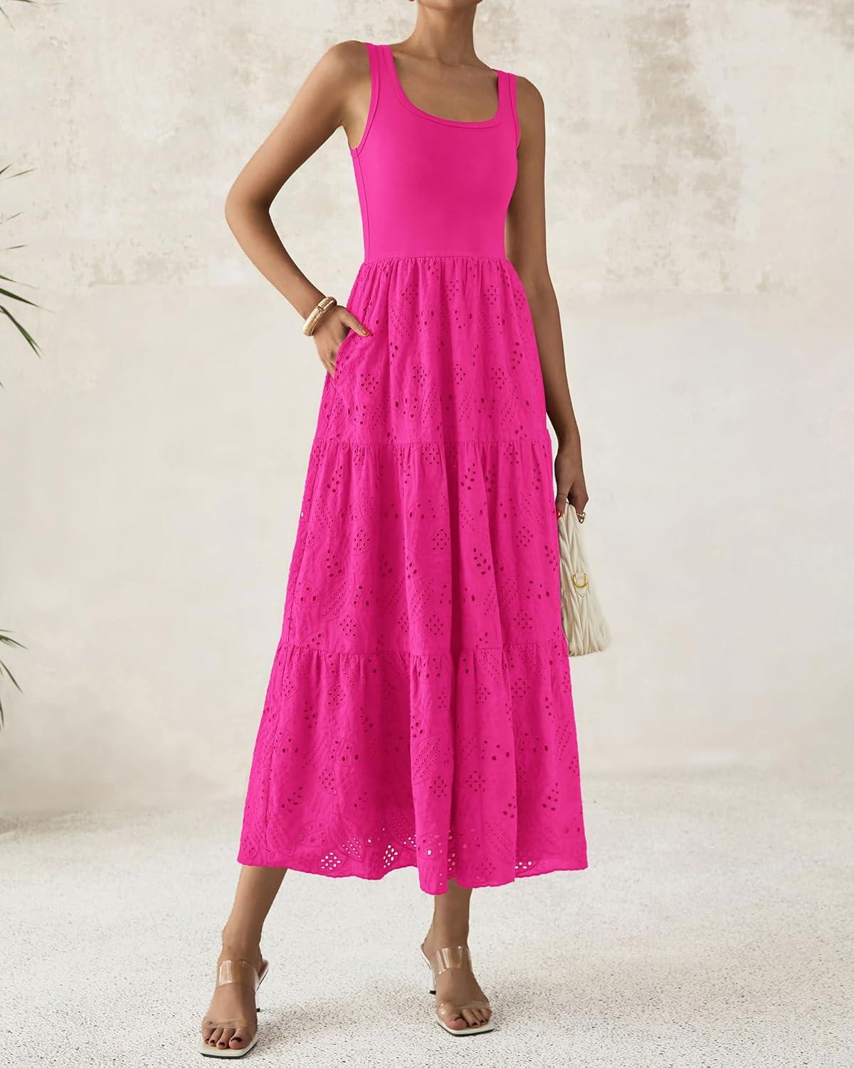imageBTFBM Women Summer Eyelet Midi Dresses Casual Spring 2026 Sleeveless A Line Flowy Vacation Beach Wedding Guest Sun DressHot Pink