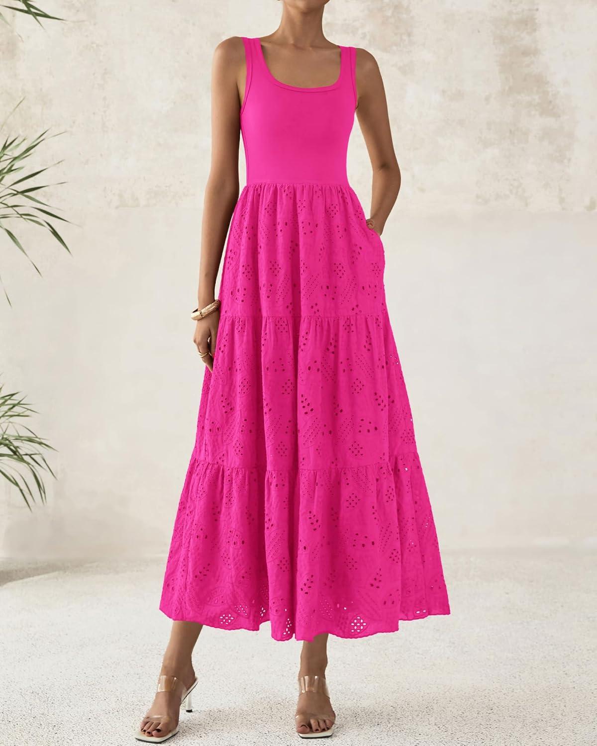 imageBTFBM Women Summer Eyelet Midi Dresses Casual Spring 2026 Sleeveless A Line Flowy Vacation Beach Wedding Guest Sun DressHot Pink