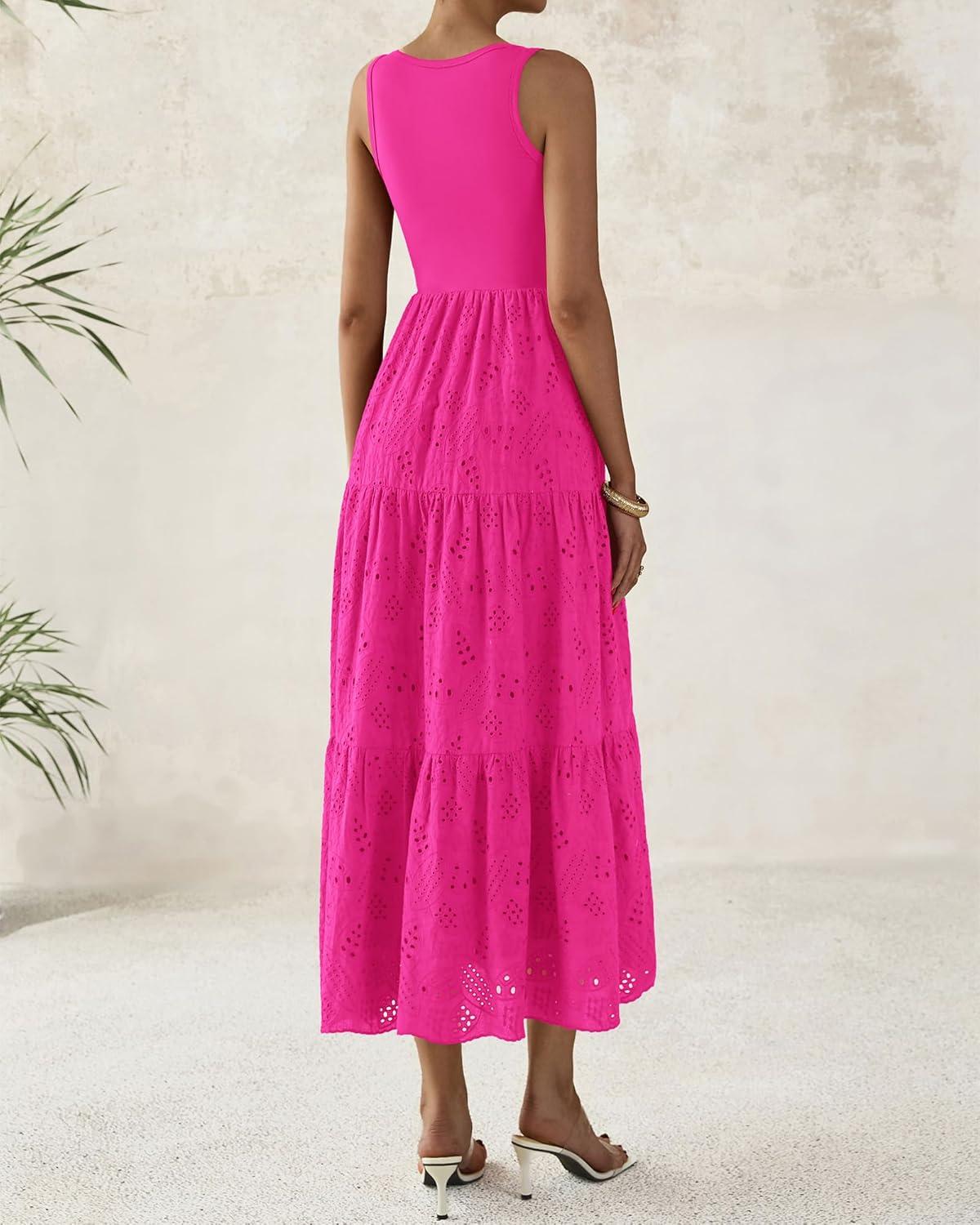 imageBTFBM Women Summer Eyelet Midi Dresses Casual Spring 2026 Sleeveless A Line Flowy Vacation Beach Wedding Guest Sun DressHot Pink