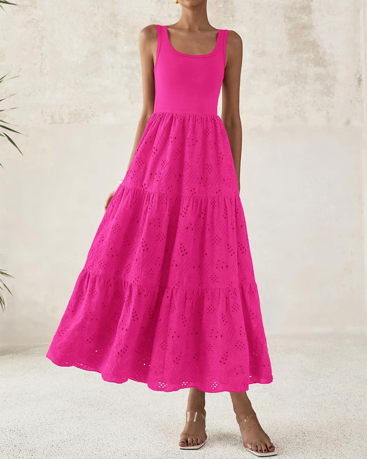 imageBTFBM Women Summer Eyelet Midi Dresses Casual Spring 2026 Sleeveless A Line Flowy Vacation Beach Wedding Guest Sun DressHot Pink