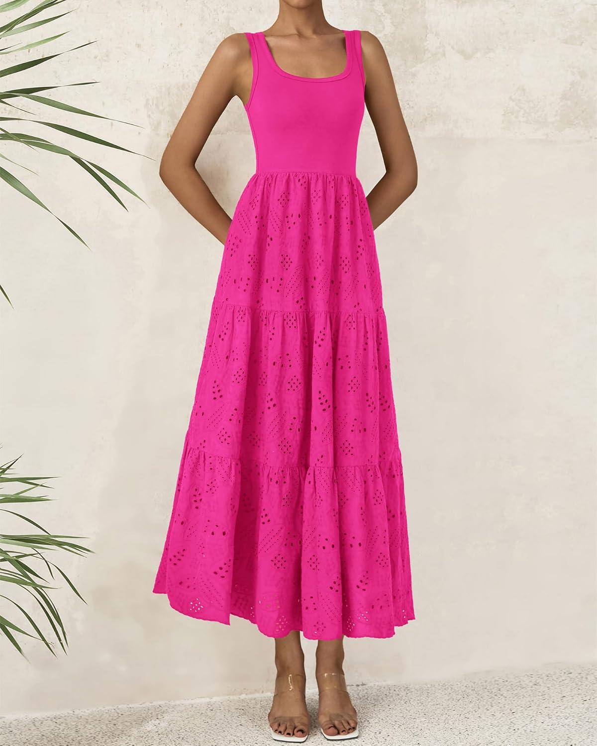 imageBTFBM Women Summer Eyelet Midi Dresses Casual Spring 2026 Sleeveless A Line Flowy Vacation Beach Wedding Guest Sun DressHot Pink