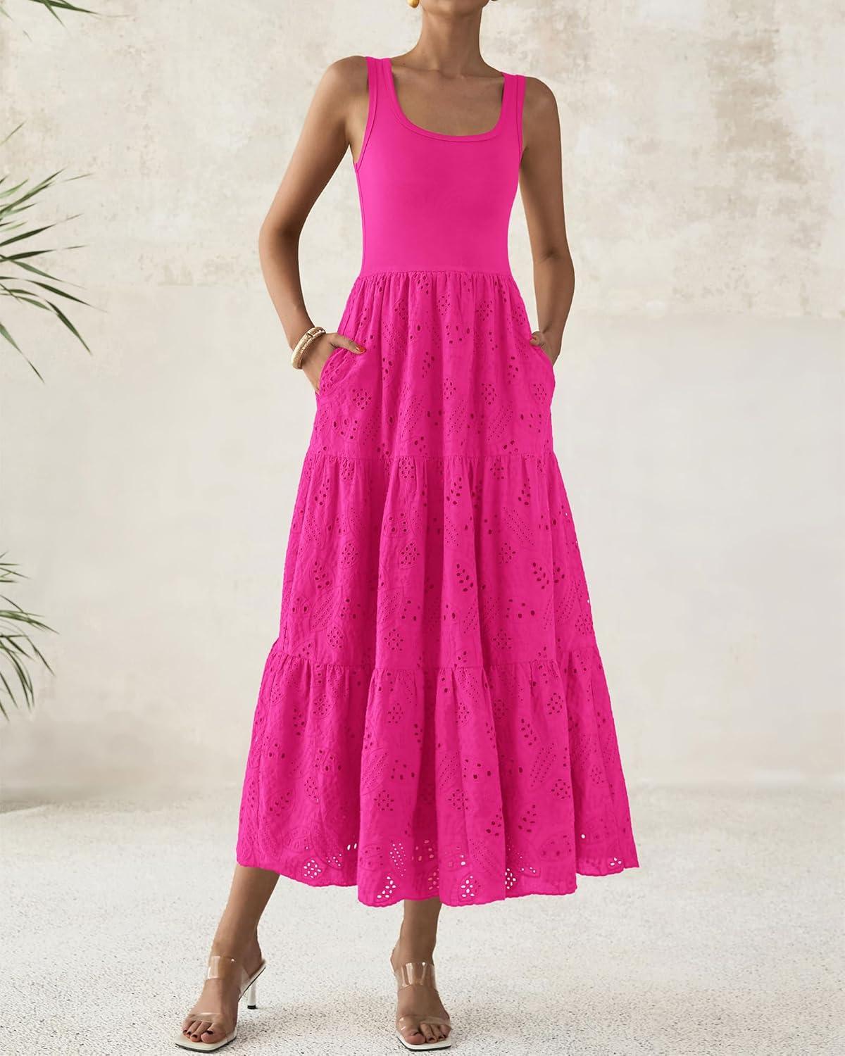 imageBTFBM Women Summer Eyelet Midi Dresses Casual Spring 2026 Sleeveless A Line Flowy Vacation Beach Wedding Guest Sun DressHot Pink