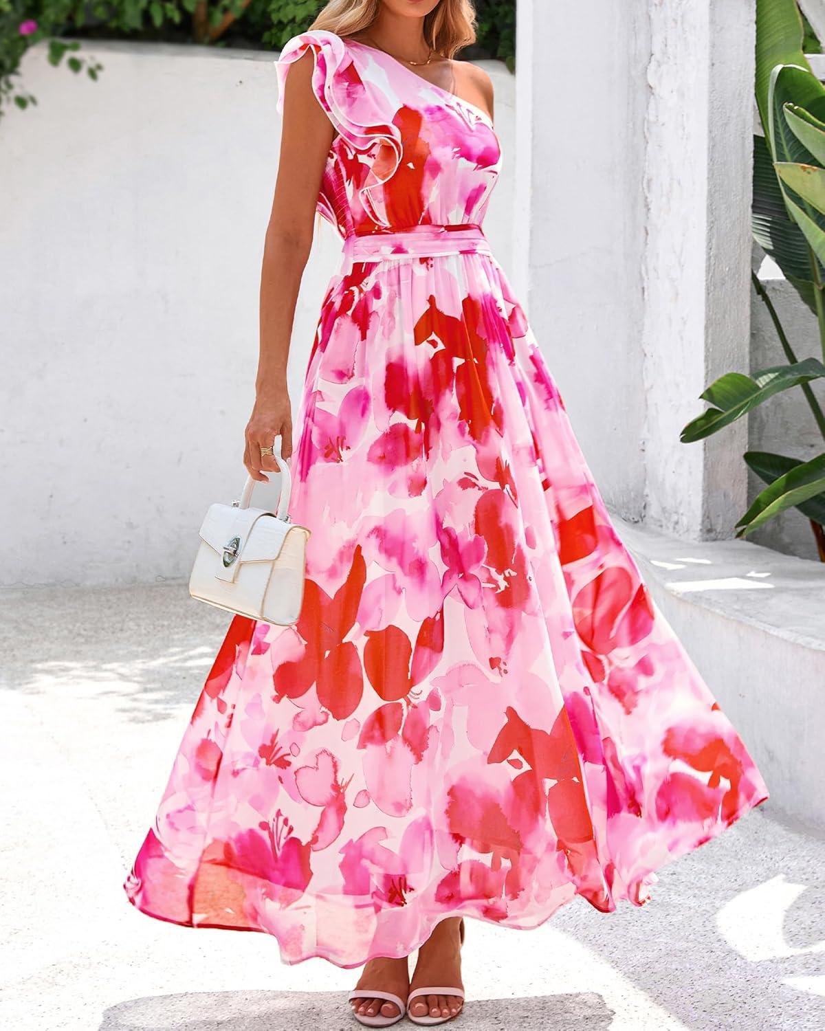 imageBTFBM Women Summer One Shoulder Floral Wedding Guest Dresses Sleeveless Smocked Ruffle Flowy Beach Vacation Maxi DressBig Floral Red White
