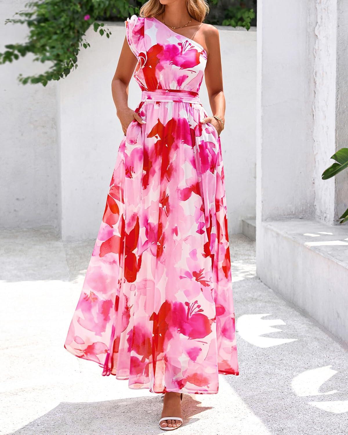 imageBTFBM Women Summer One Shoulder Floral Wedding Guest Dresses Sleeveless Smocked Ruffle Flowy Beach Vacation Maxi DressBig Floral Red White