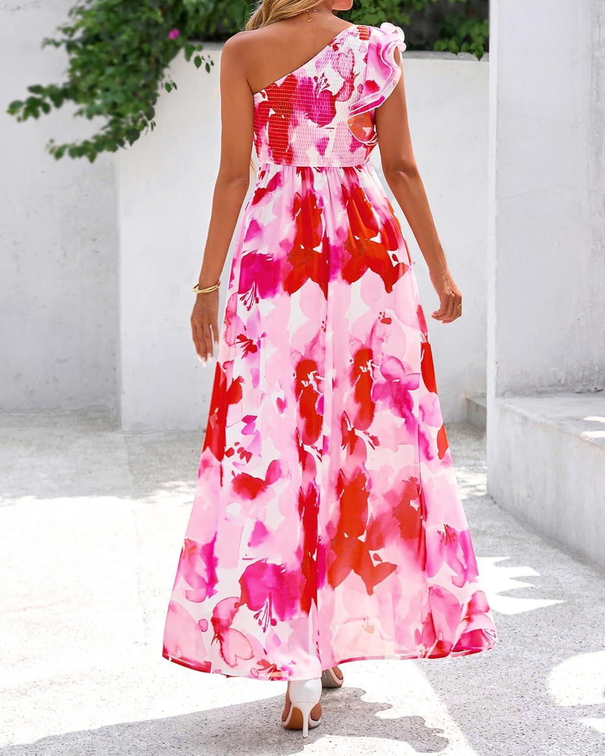 imageBTFBM Women Summer One Shoulder Floral Wedding Guest Dresses Sleeveless Smocked Ruffle Flowy Beach Vacation Maxi DressBig Floral Red White