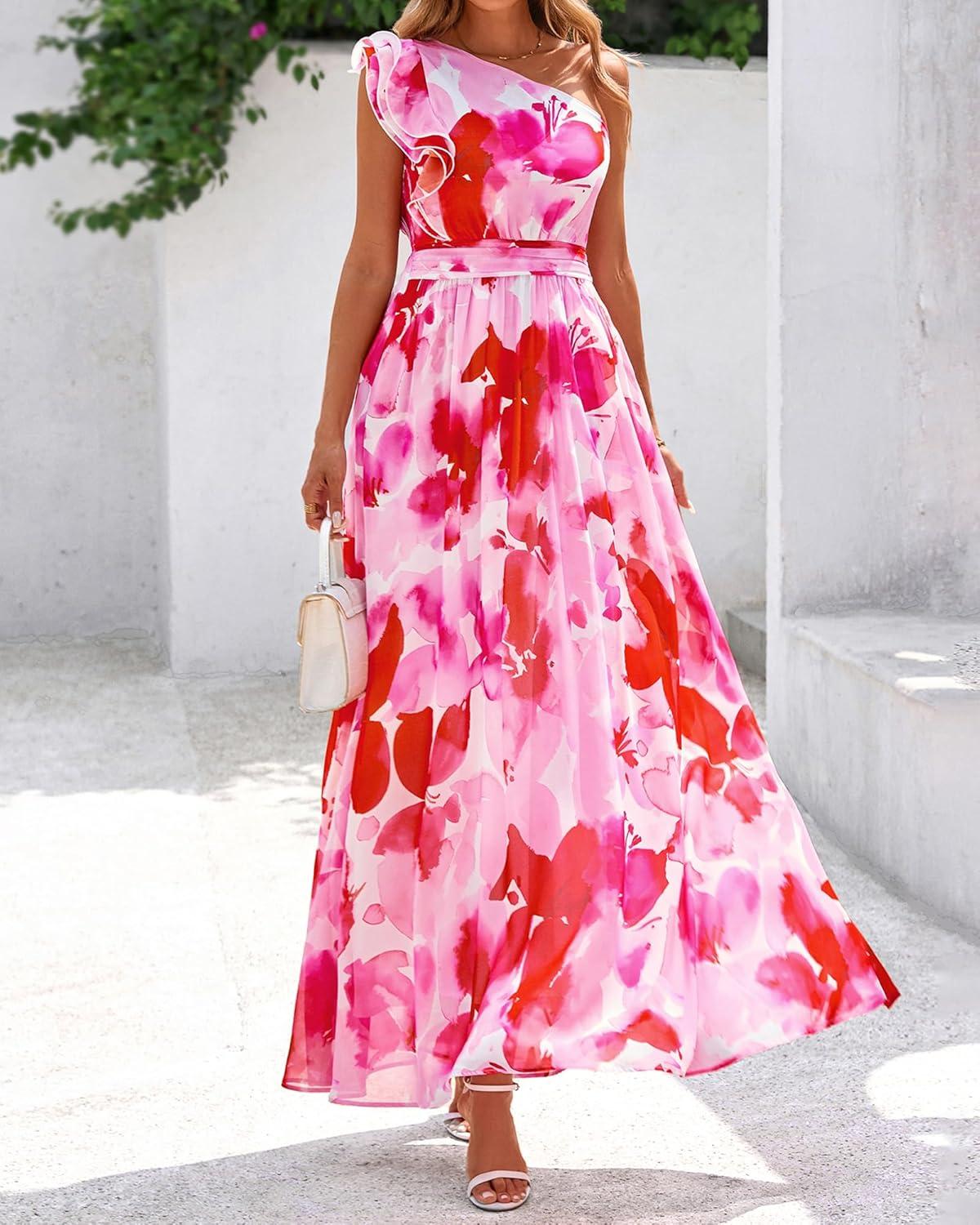 imageBTFBM Women Summer One Shoulder Floral Wedding Guest Dresses Sleeveless Smocked Ruffle Flowy Beach Vacation Maxi DressBig Floral Red White