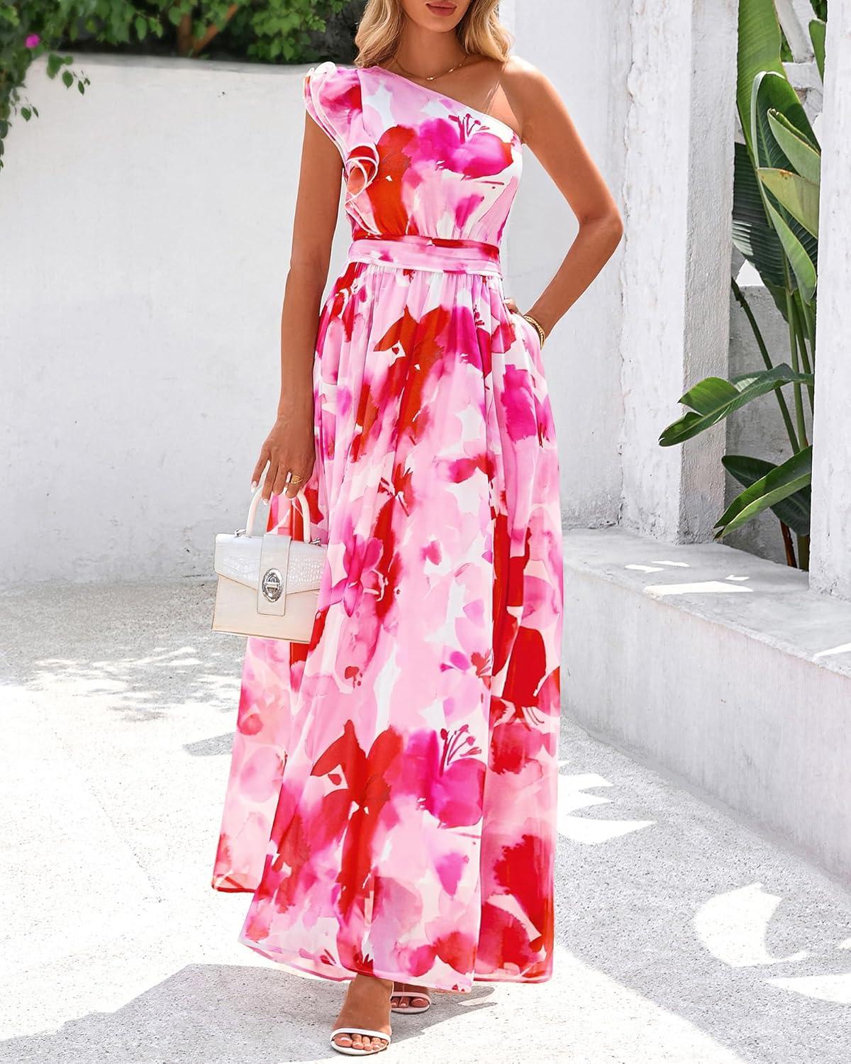 imageBTFBM Women Summer One Shoulder Floral Wedding Guest Dresses Sleeveless Smocked Ruffle Flowy Beach Vacation Maxi DressBig Floral Red White