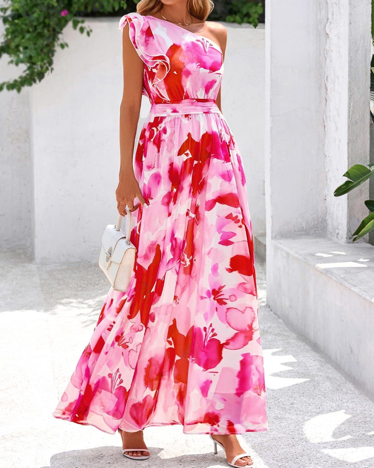 imageBTFBM Women Summer One Shoulder Floral Wedding Guest Dresses Sleeveless Smocked Ruffle Flowy Beach Vacation Maxi DressBig Floral Red White