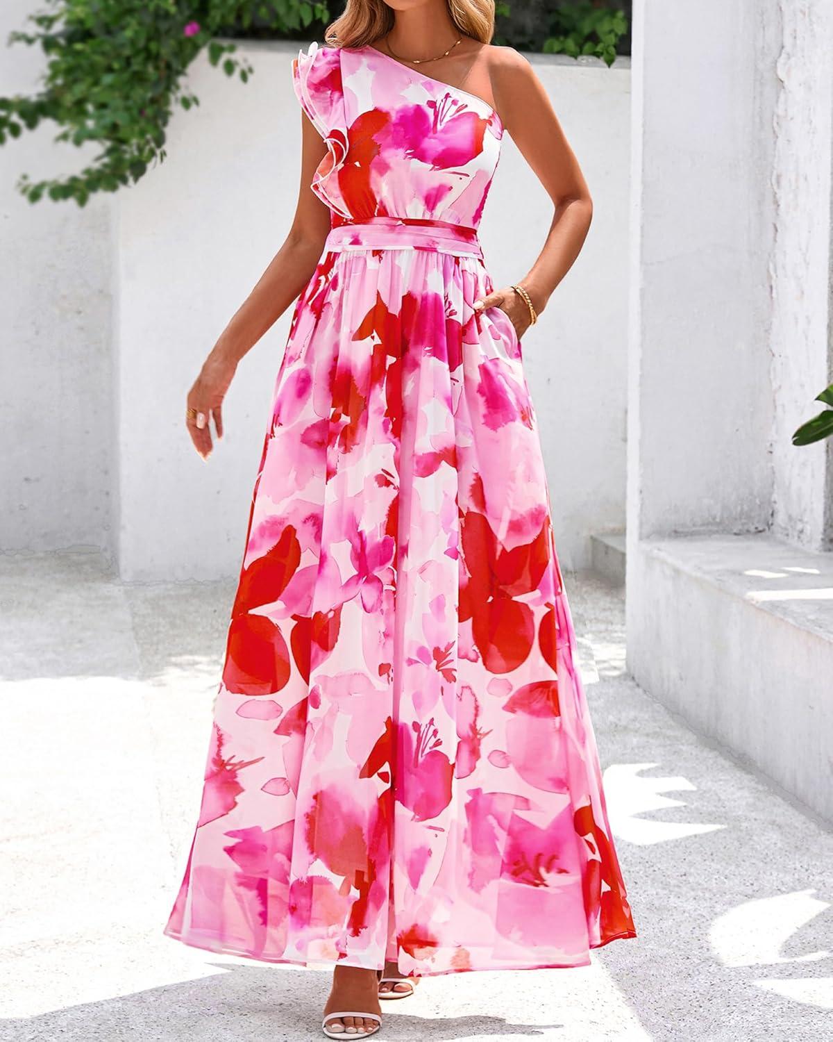 imageBTFBM Women Summer One Shoulder Floral Wedding Guest Dresses Sleeveless Smocked Ruffle Flowy Beach Vacation Maxi DressBig Floral Red White